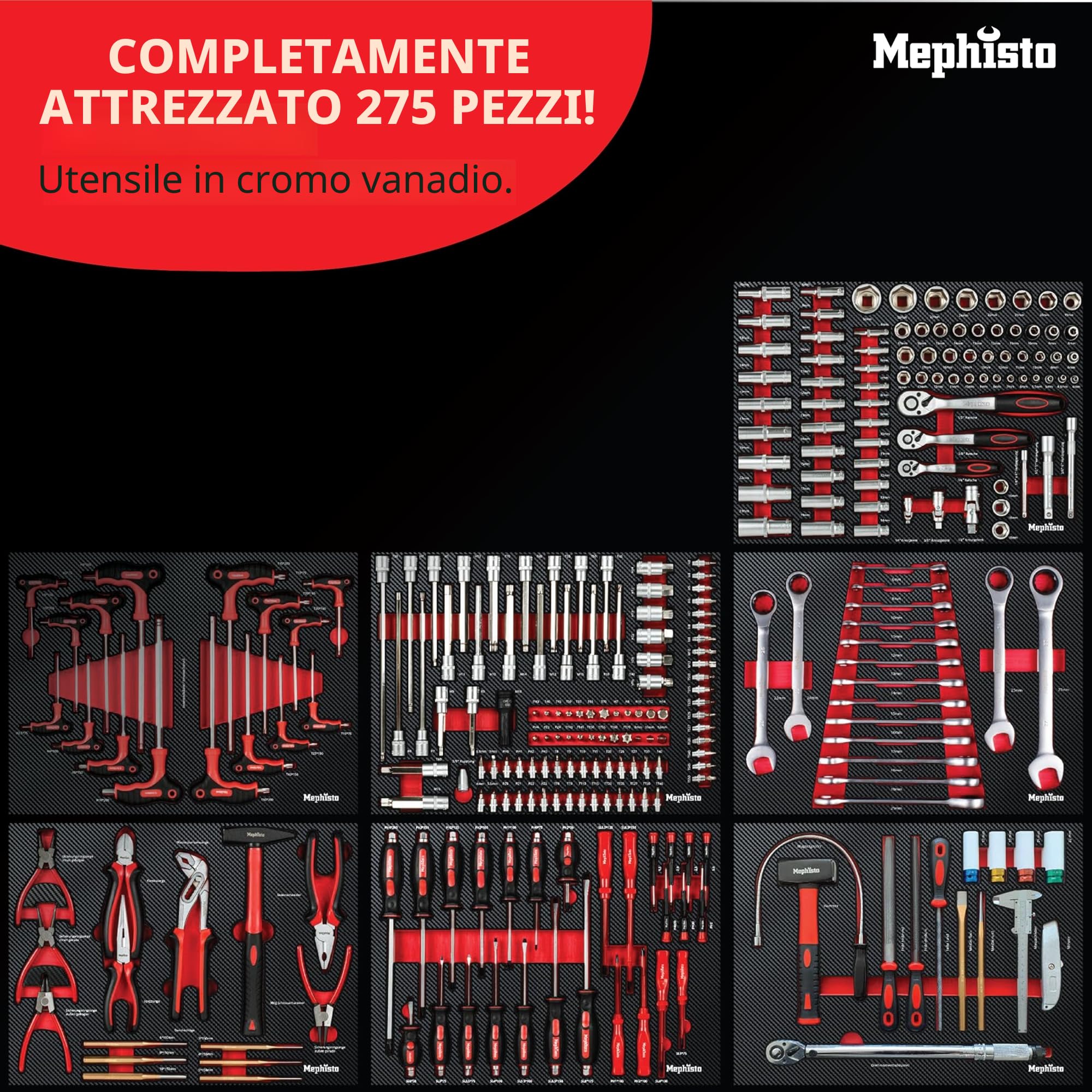 Mephisto Carrello portautensili da officina con 8 cassetti di cui 7 cassetti riempiti con attrezzi come chiavi, cricchetto con scatola di noce, cacciavite, ecc