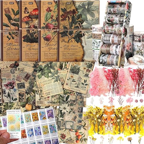 Nuanchu 238 Pcs Vintage Scrapbooking Supplies Kit 2 Pack Dried Pressed Flowers 120 Scrapbook Papers 18 Rolls Retro Washi Tape 40 Flower Butterfly Decorative Stickers for Journal Planner DIY Craft Arts