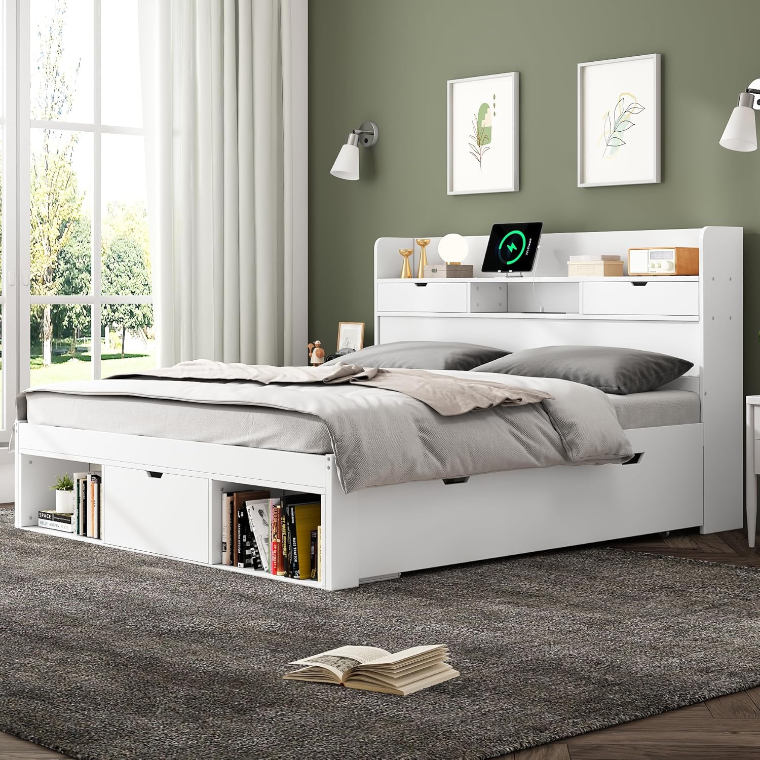 Sapgaks bed frame showcasing various storage options including drawers and headboard shelves