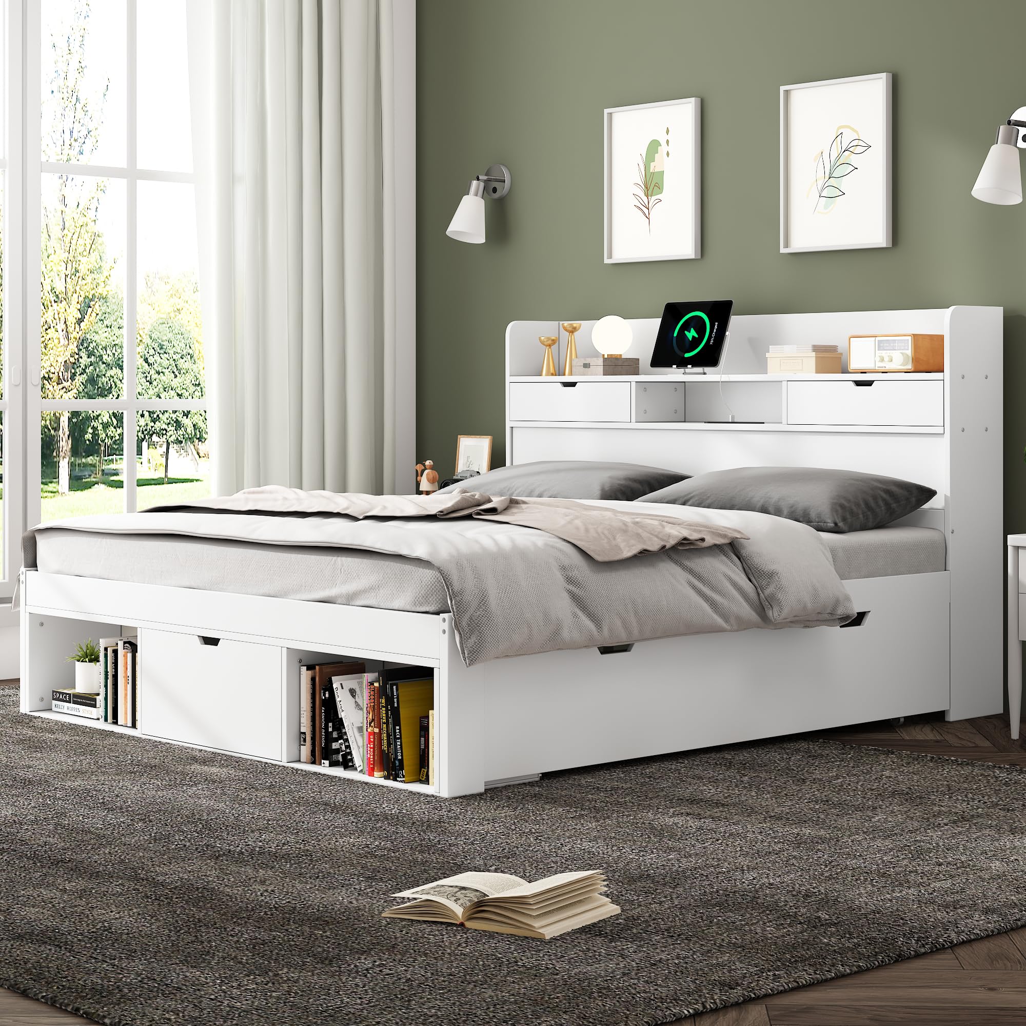 Lubvtti cama acolchada con puerto USB y cajones, cama matrimonial con baúl 140 x 200 cm, cabecero con almacenamiento, marco 140 x 200 cm, blanco