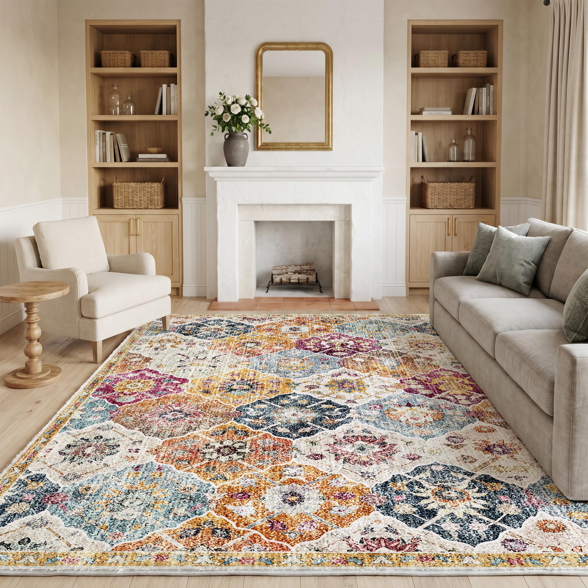 Cliporix 160 x 230 cm Large Colorful Living Room Rug, Machine Washable, Non Slip Backing, Vintage Boho Style, Fluffy Low Pile, Suitable for Dining Room, Home Office, Bedroom, Living Room