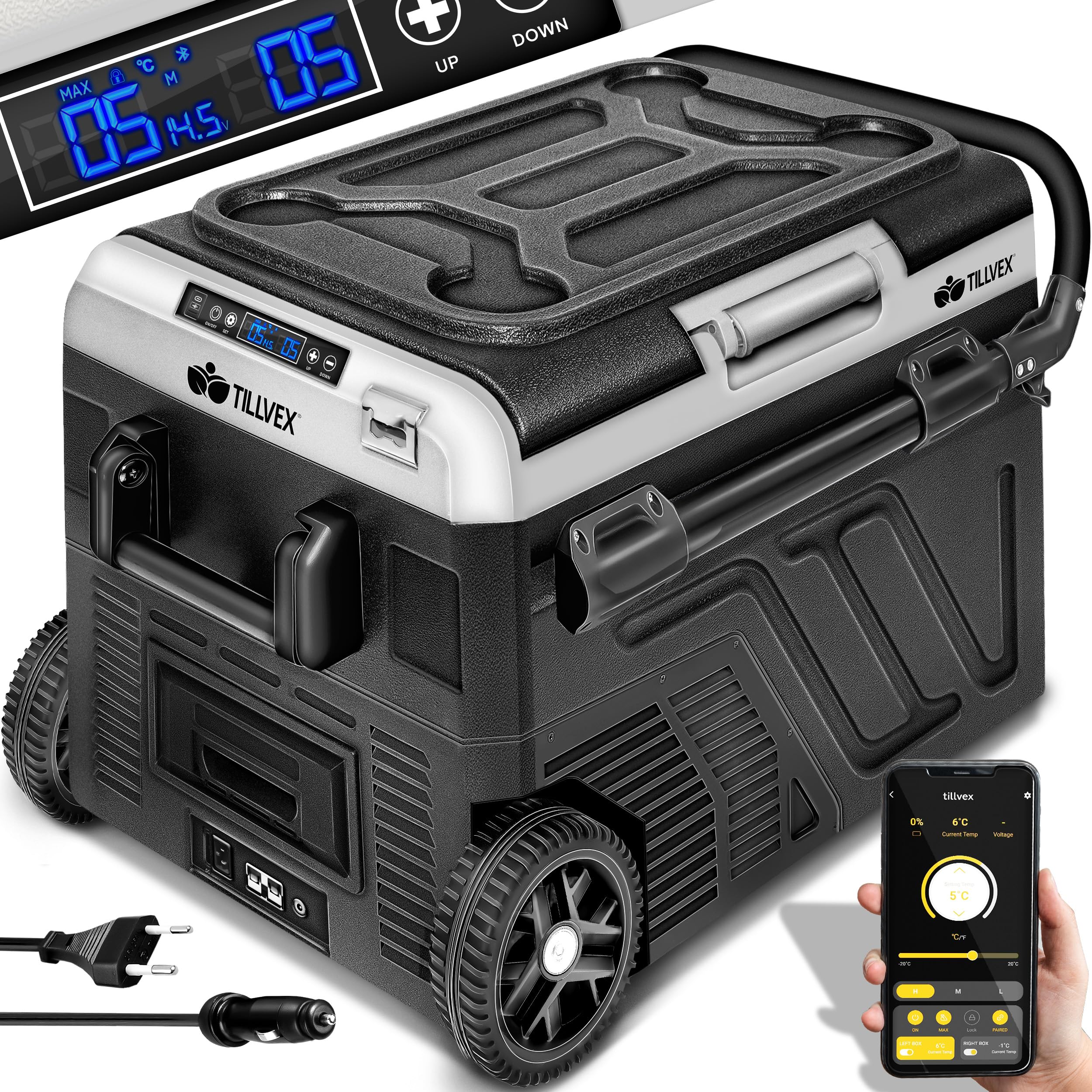 tillvex® Kompressor Kühlbox elektrisch – 60 Liter, Akku 290 Wh, App-Steuerung