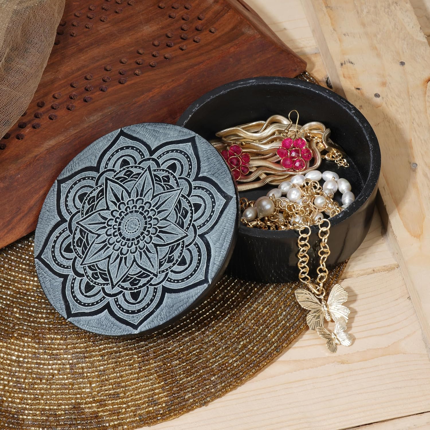 Ajuny Handmade Black Marble Soapstone Round Decorative Box Mandala Carvings Multipurpose Use as Jewelry Storage, Ring Holder, Trinket Holder Home Decor Great For Gifts 5 x 5 x 2 Inches