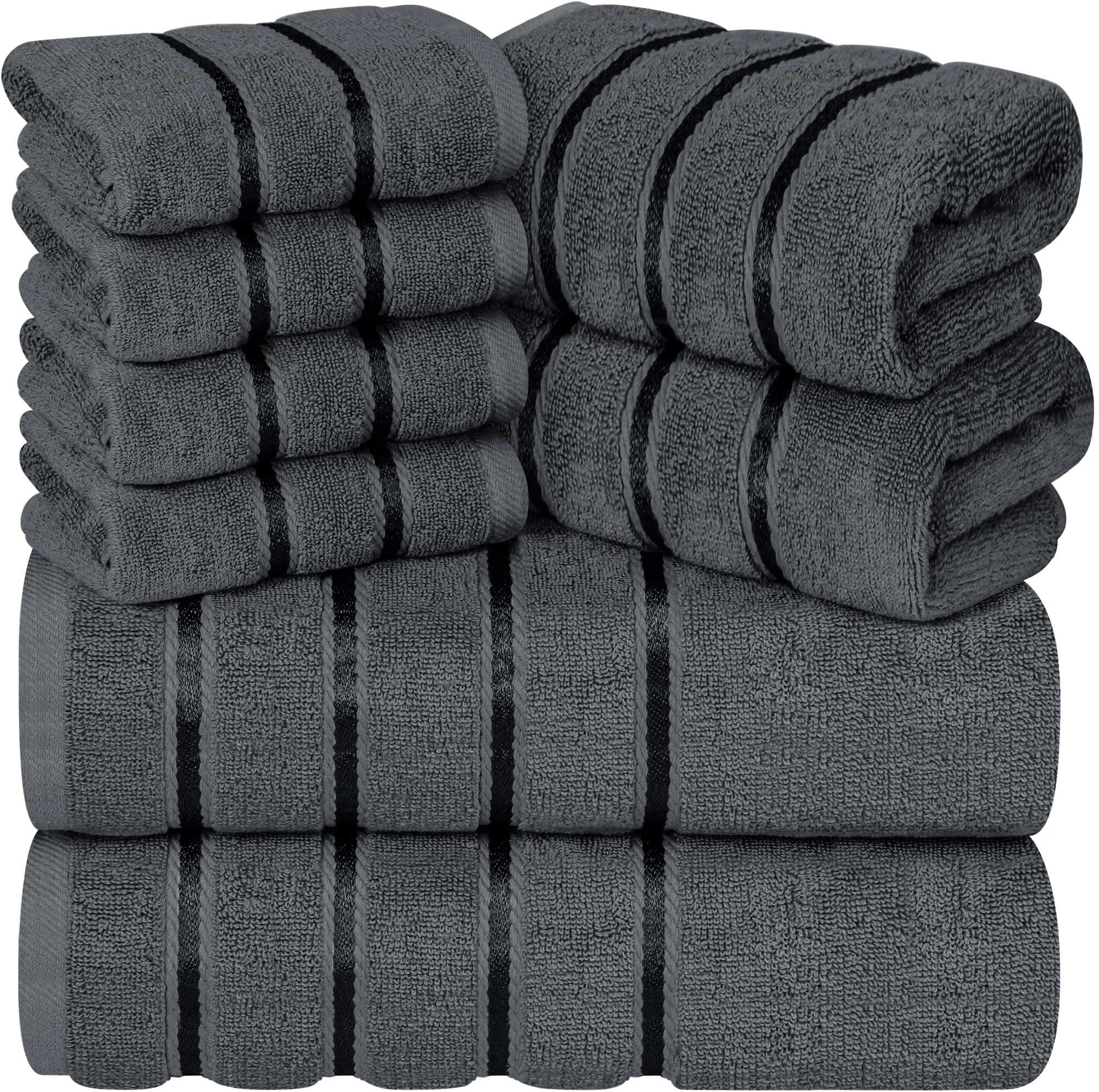 YRALY Luxury Towels for Bathroom Set of 8-2 Bath Towels 2 Hand Towels 4 Washcloths - 600 GSM 100% Cotton Ring Spun Viscose Border Towels Set - Grey