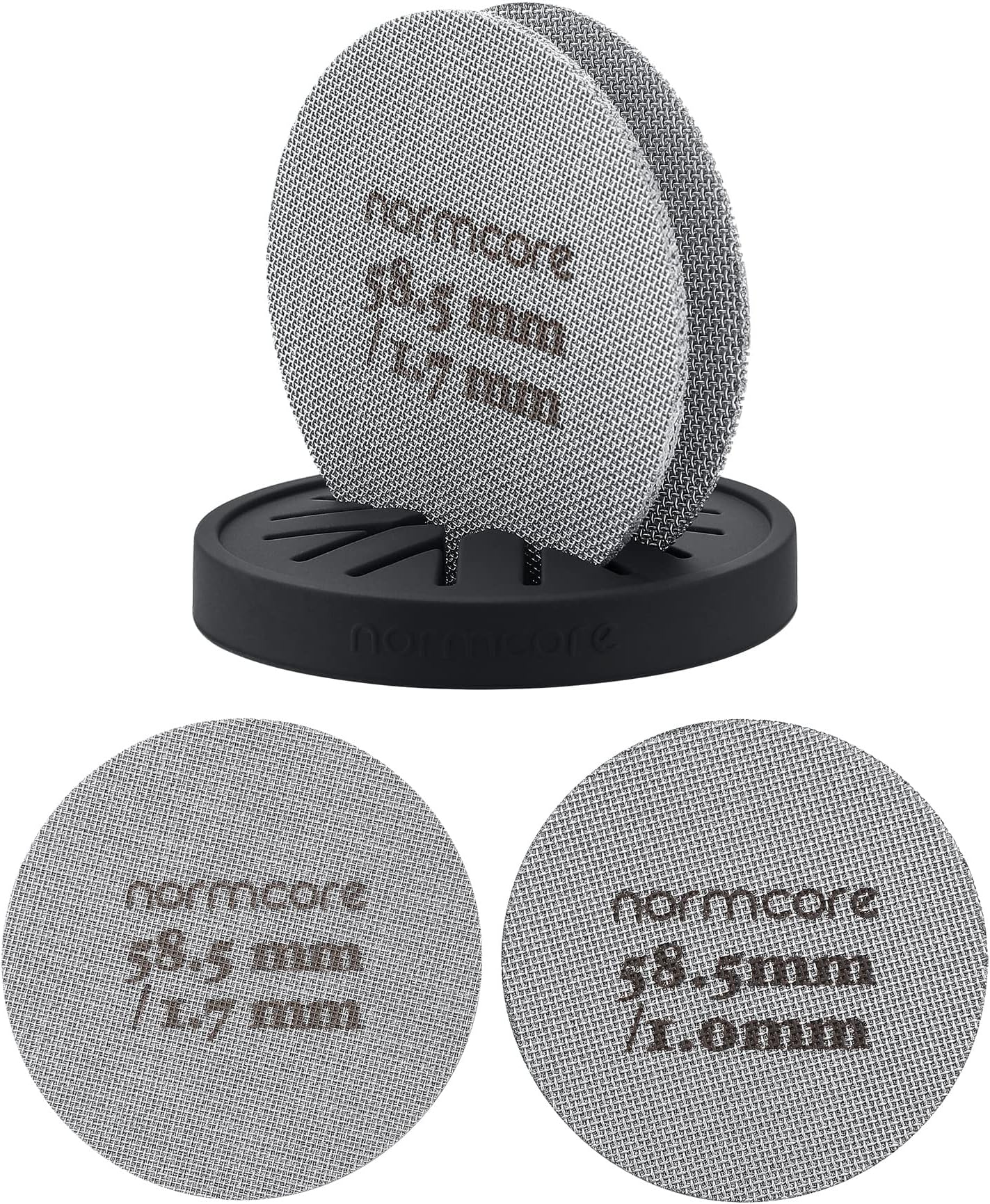 Normcore 2 Packs 58.5mm Puck Screen with Stand - Reusable Contact Shower Screen with Silicone Holder - 1.7mm / 1.0mm Thickness 150μm Mesh - Compatible with Espresso Machine 58mm Portafilter Basket