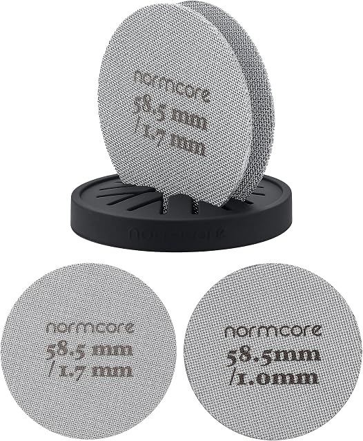 Normcore 2 Packs 58.5mm Puck Screen with Stand, Reusable Contact Shower Screen with Silicone Holder, 1.7mm - 1.0mm Thickness 150µm Mesh, Compatible with Espresso Machine 58mm Portafilter Basket