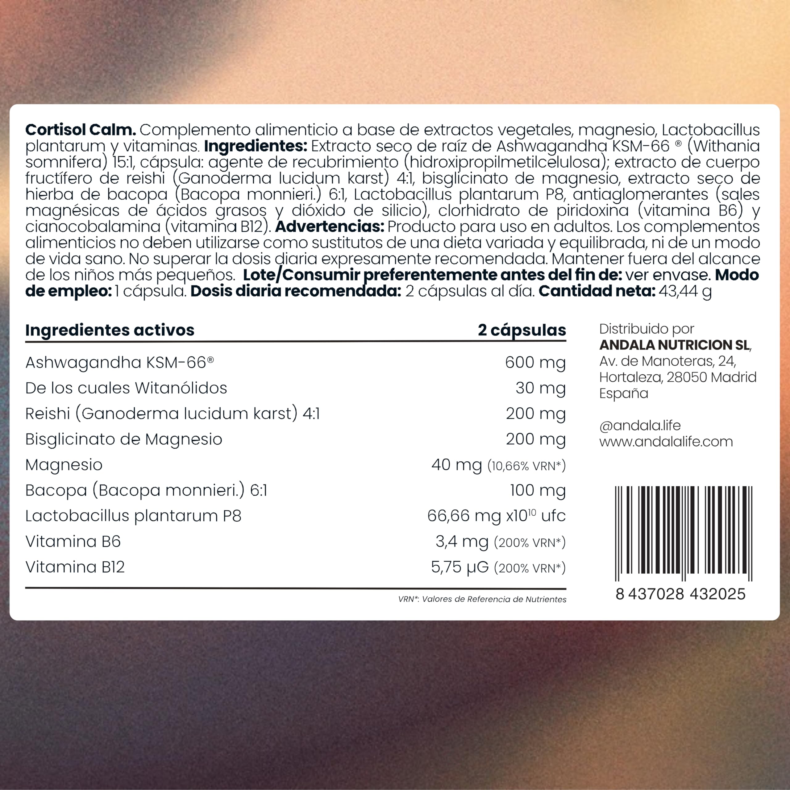Cortisol Calm Ansiedad, Estres, Niebla Mental - Ashwagandha KSM-66 15:1, Magnesio Bisglicinato, Bacopa Monnieri, Reishi, Vitamina B6 y B12 y Probioticos - Nootropico Relajante Natural 60u