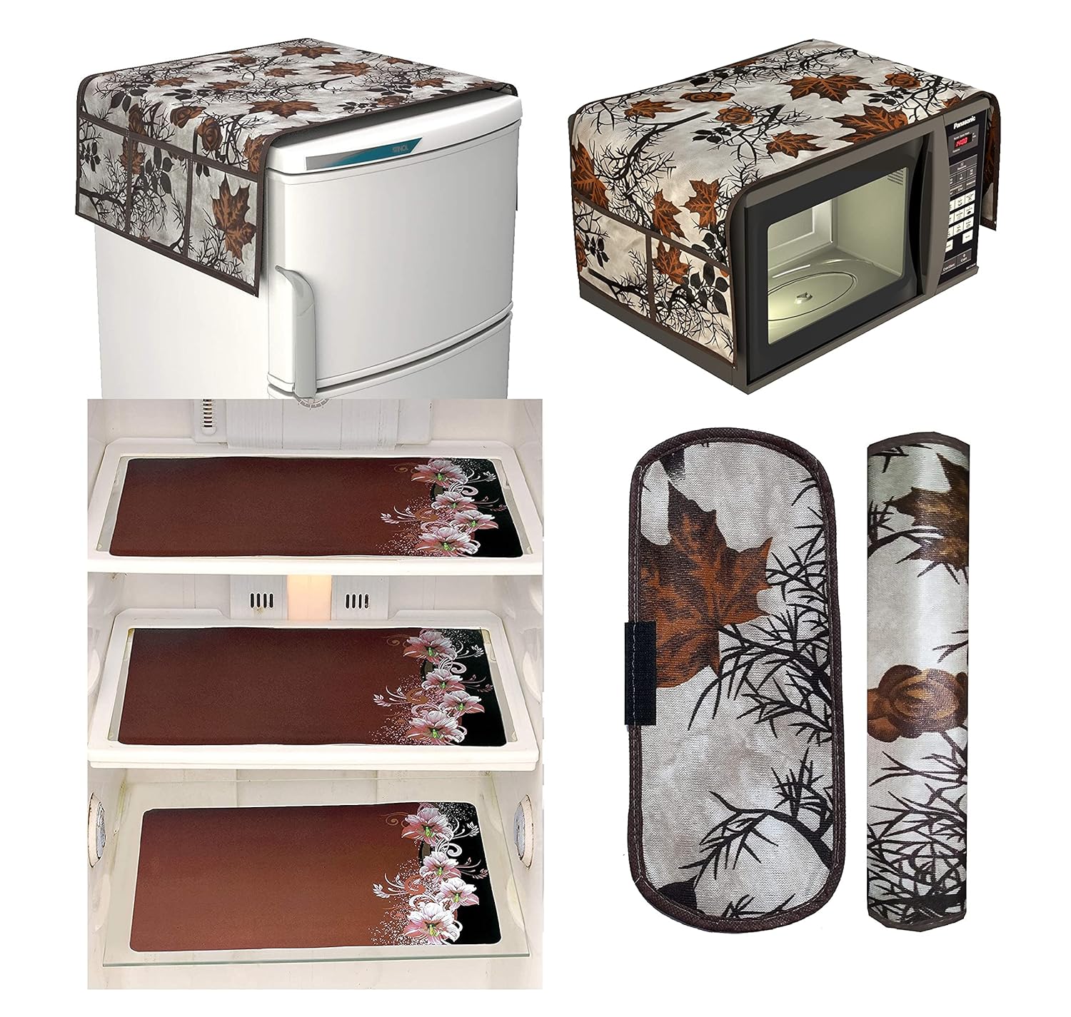 Factcore Kitchen Combo Fridge Top Cover, Oven Cover 1 Piece,2 Piece Fridge Handle Cover, 3 Pcs Fridge Mats (Black Classic), (Set of 7 Piece) (Brown Branch Oven Combo)