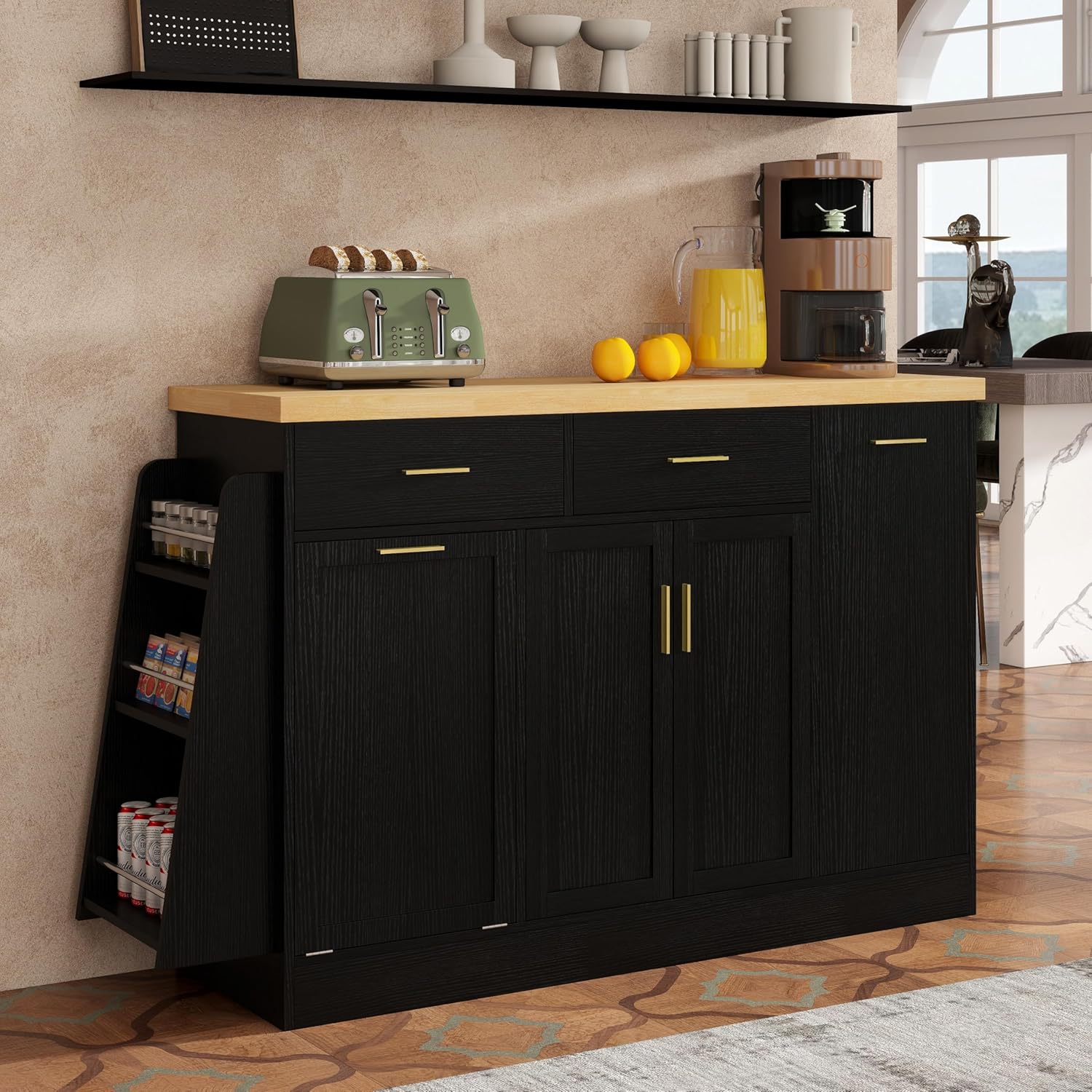 Merax Two-Tone Kitchen Sideboard with Hidden Trash Cabinet, Kitchen Island Table with Wood Grain Countertop, Sliding Door Cabinet & 3-Tier Spice Rack, 2 Drawers and Double Door Storage, Black