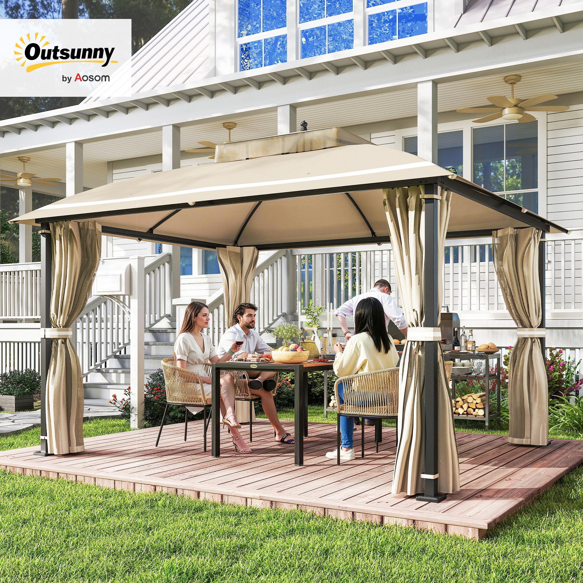 Outsunny Cenador para Jardín 3x3,7 m, Pabellón de Jardín Gazebo con Doble Techo, Paredes Laterales, Mosquiteras, Marco de Metal, Resistente al Agua, Anti-UV, Carpa para Exterior, Terraza, Patio, Beige