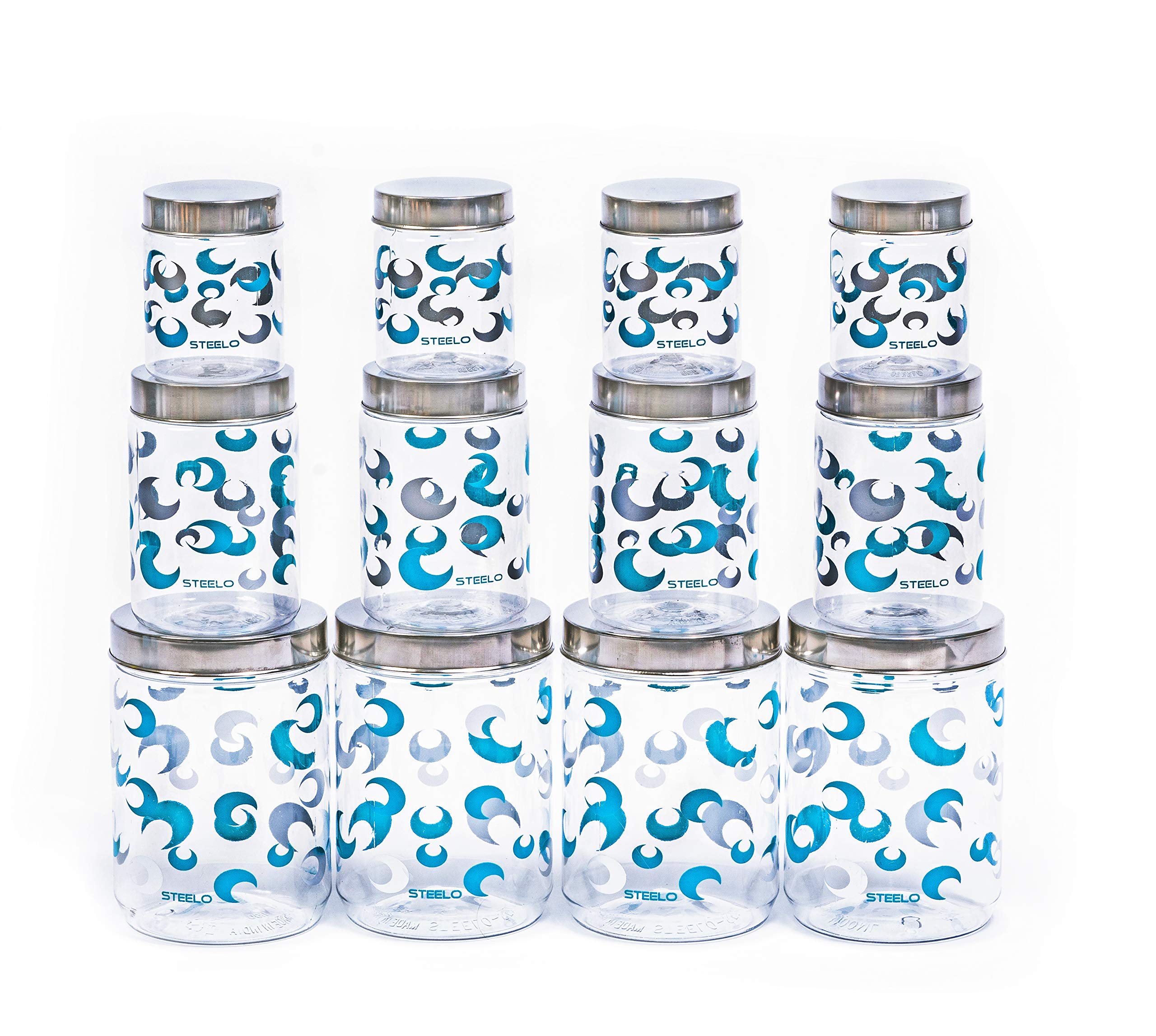 Steelo Selo 12 Pcs Storage Pet Container Gift Set For Kitchen (1100 ml x 4, 500 ml x 4, 200 ml x 4 ),Blue