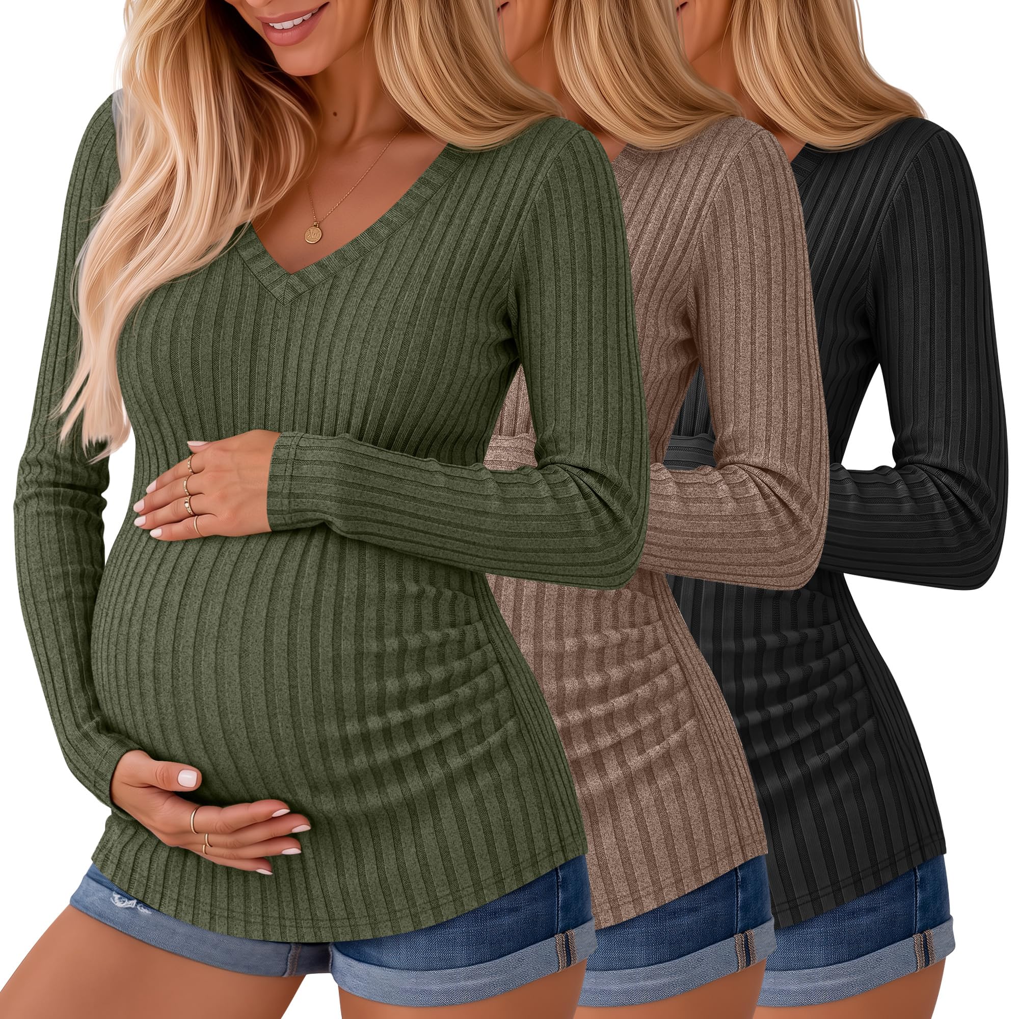Ficerd 3 Pack Women Maternity Ribbed Long Sleeve Sweater Shirts