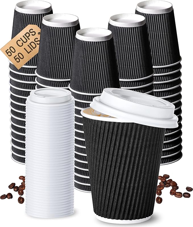 HYFY [50 Pcs] Paper Cups 8 oz With Lids Disposable Coffee Cup With Lids
