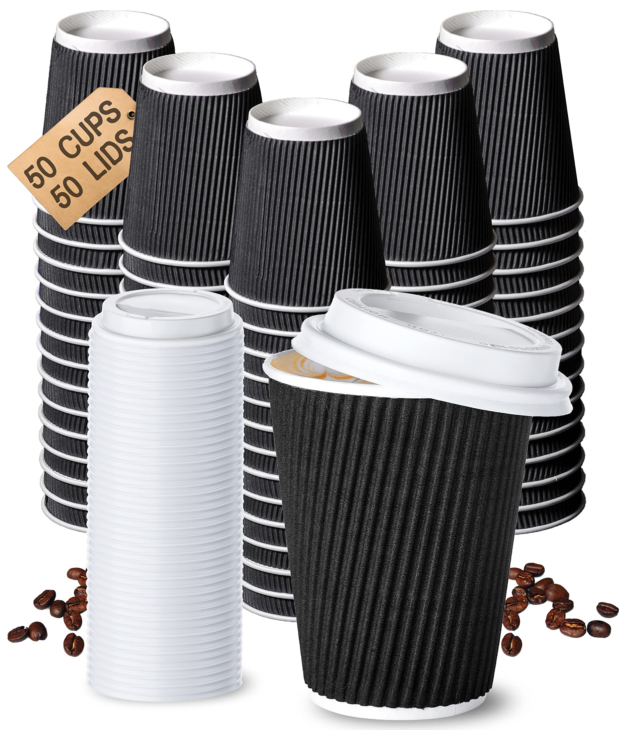 HYFY [50 Pcs] Paper Cups 8 oz With Lids Disposable Coffee Cup With Lids Coffee Cups Disposable Paper Cup Coffee Cup Paper Cups with Lids Ripple Espresso Cups Disposable Cups 8 oz (Black)