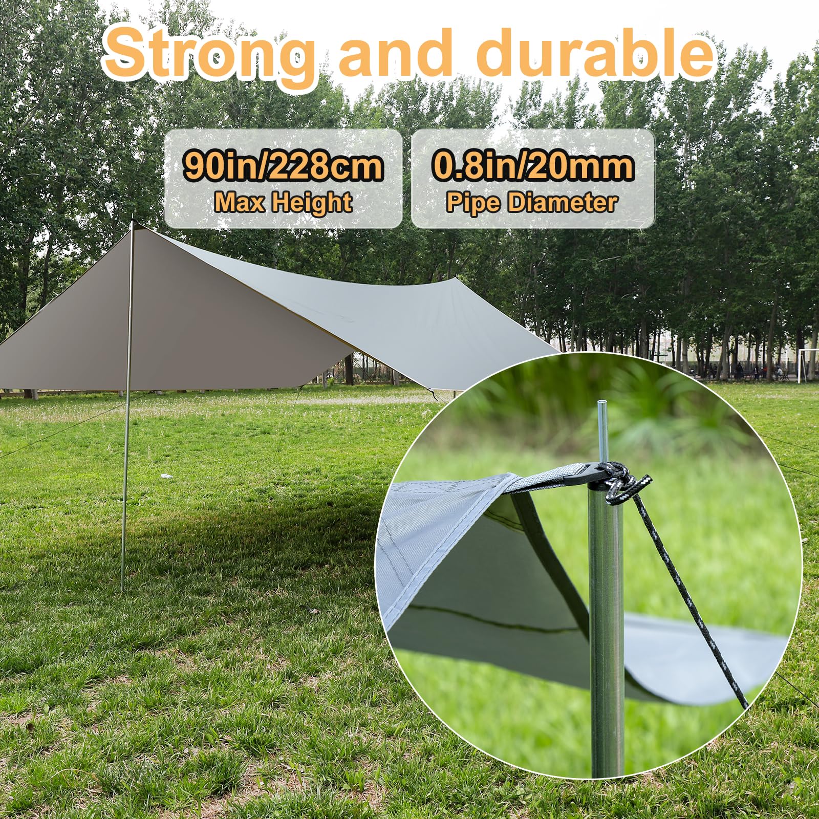 WADEO Telo da campeggio grande 12x16FT, Tenda Parasole con tessuto resistente e pali, Amaca per campeggio, escursionismo, Fornito con picchetti luminosi e martello, Facile da montare (Grigio)