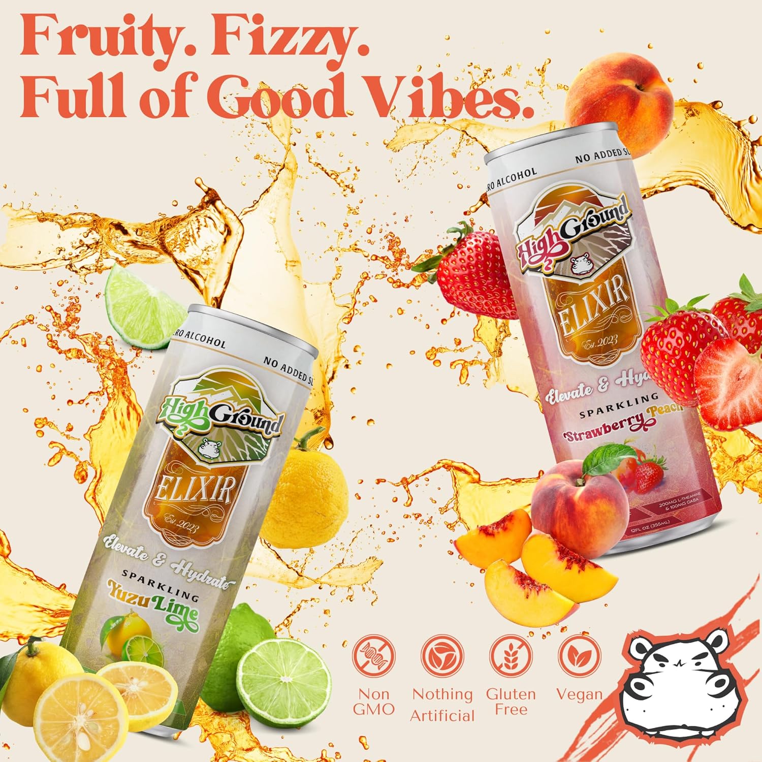 91T4kDaGmIL._SL1500_ High Ground Elixir Mushroom Seltzer – Strawberry Peach | Lion’s Mane for Focus, Reishi for Stress, Cordyceps, Chaga, Turkey Tail, L-Theanine | Adaptogen Drink | Low Cal, No Added Sugar, 12oz Cans, 6 Pack