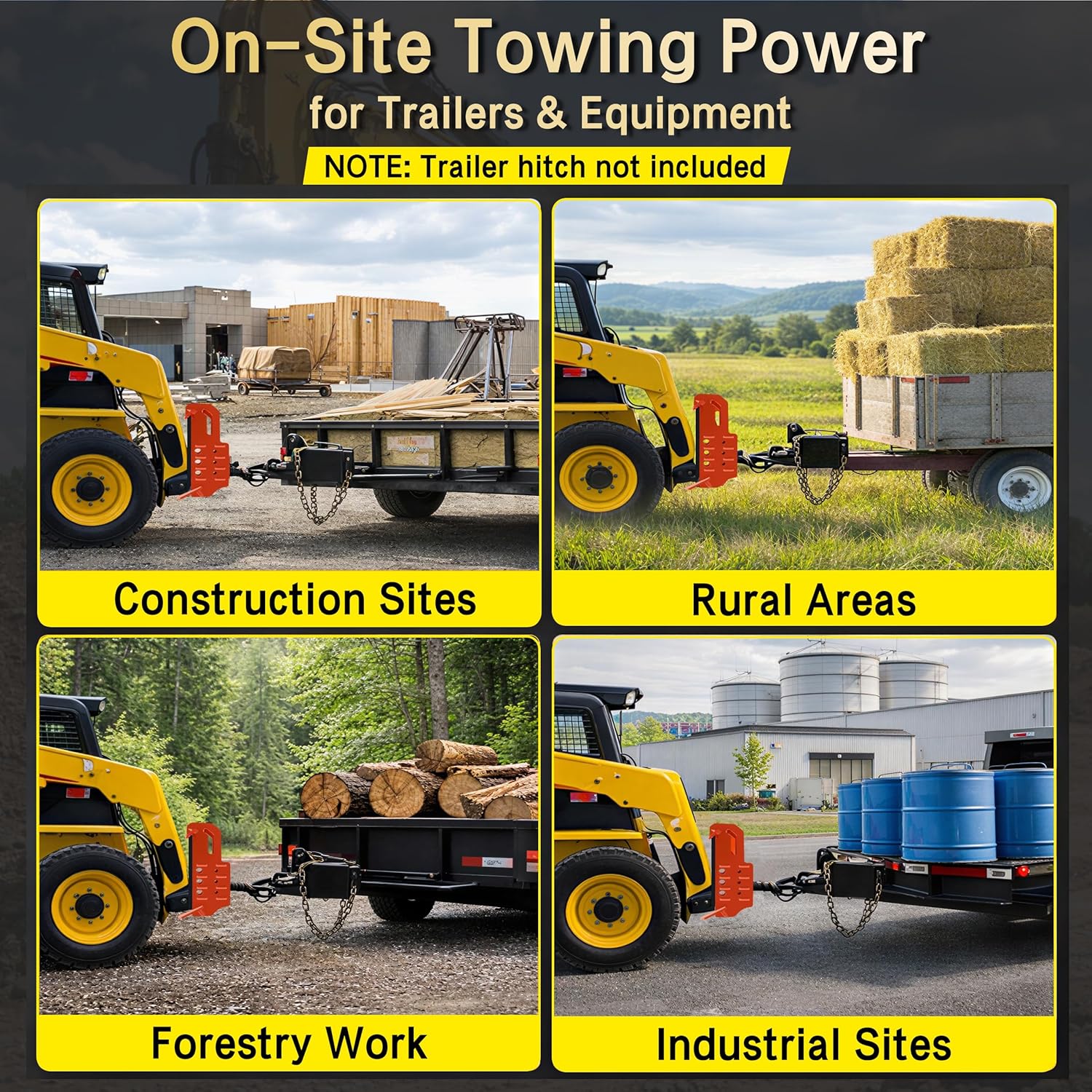 Skid Steer Hitch Attachment for Tractor & Skid Loader - Fits 2″ Receiver Tube & Universal Quick Attach Plate - 20,000 lbs Heavy Duty Towing Capacity with 3 Position Height Adjustment