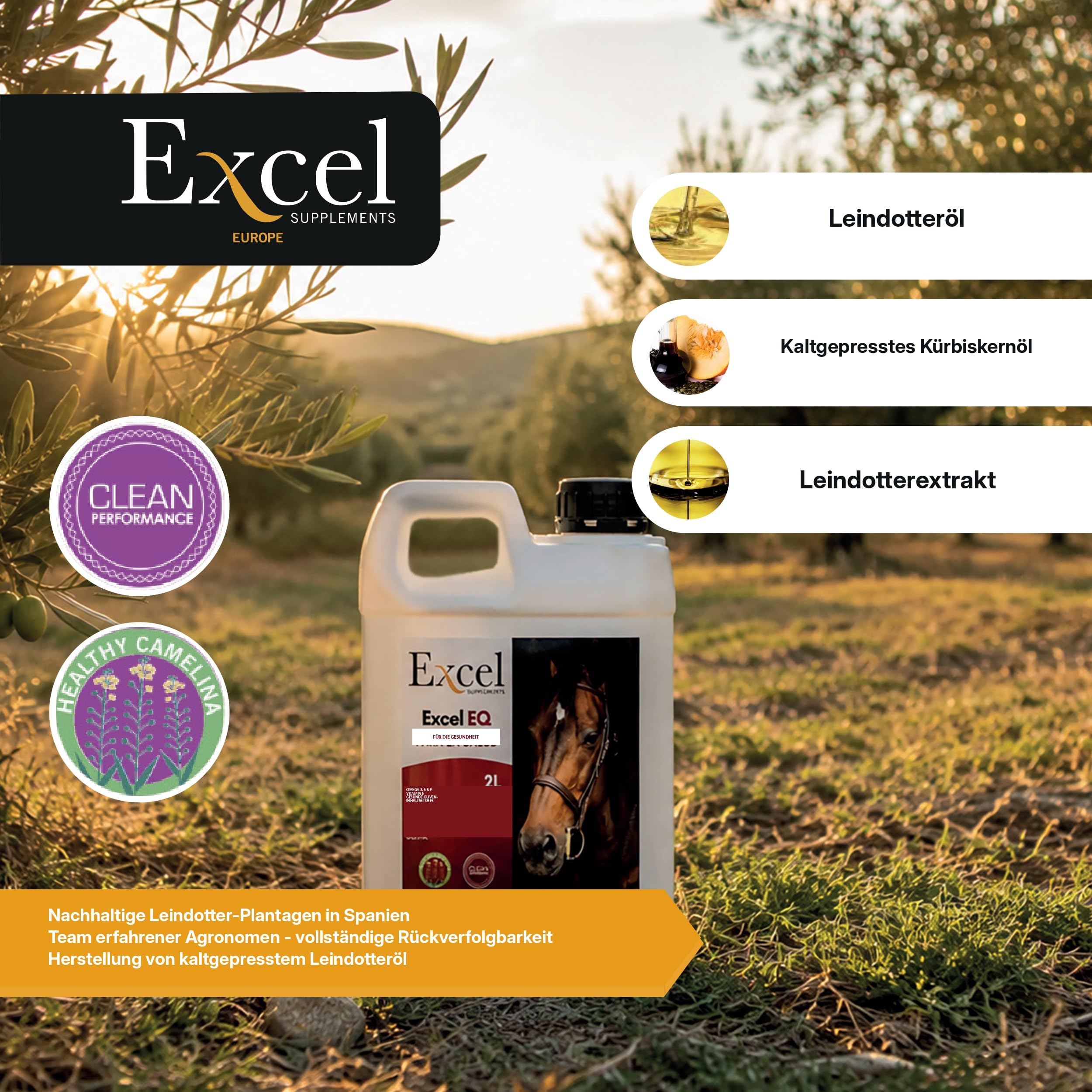 5L Excel EQ Pferdefutteröl - Pferdefuttersupplement - Omega-3-Kamelinaöl mit entzündungshemmender Wirkung für natürlichen Glanz und Pflege des Pferdefells