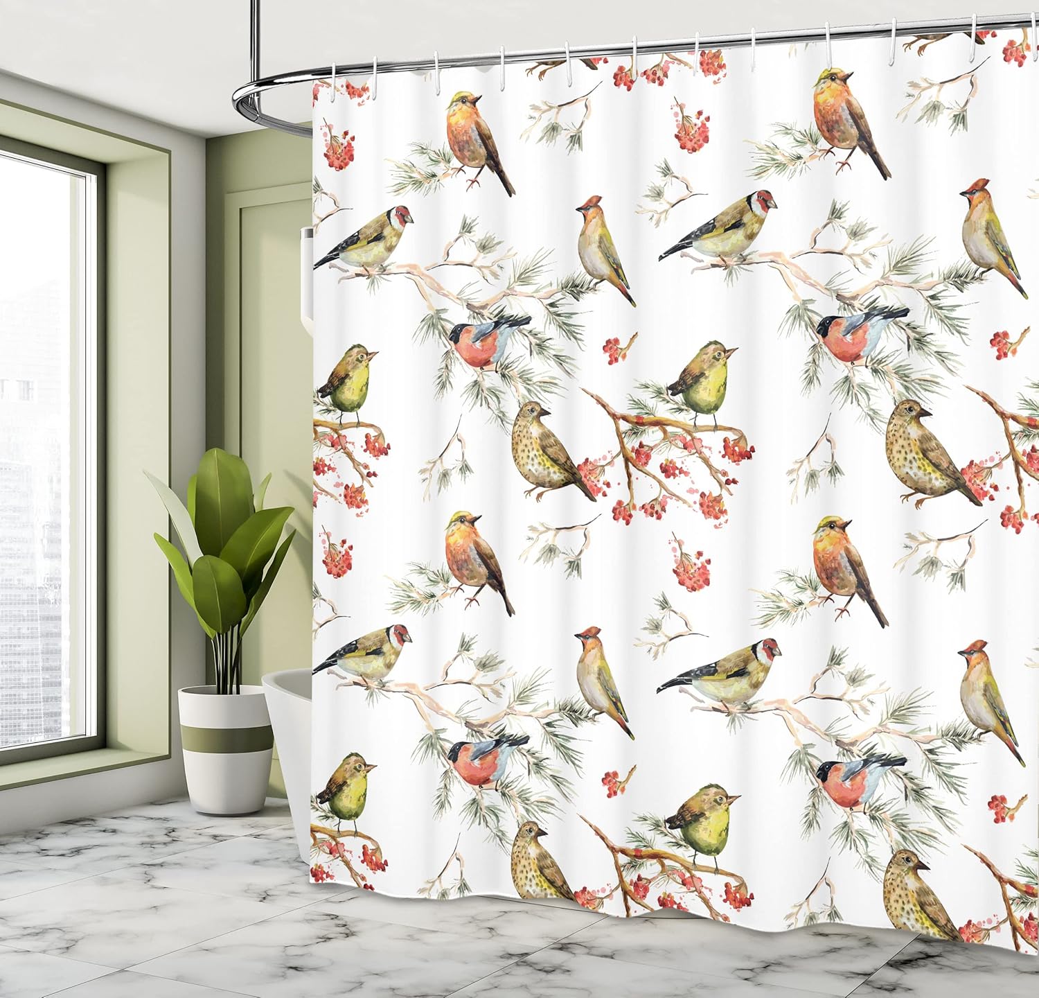 Ambesonne Animal Shower Curtain, Sparrows Birds Leaves Branches Pine Trees Watercolor Image Artwork, Cloth Fabric Bathroom Decor Set with Hooks, 69" W x 75" L, Multicolor White
