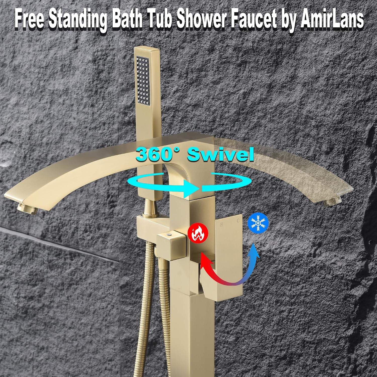 Brushed Gold FreeStanding Tub Filler with Handheld Shower image 5
