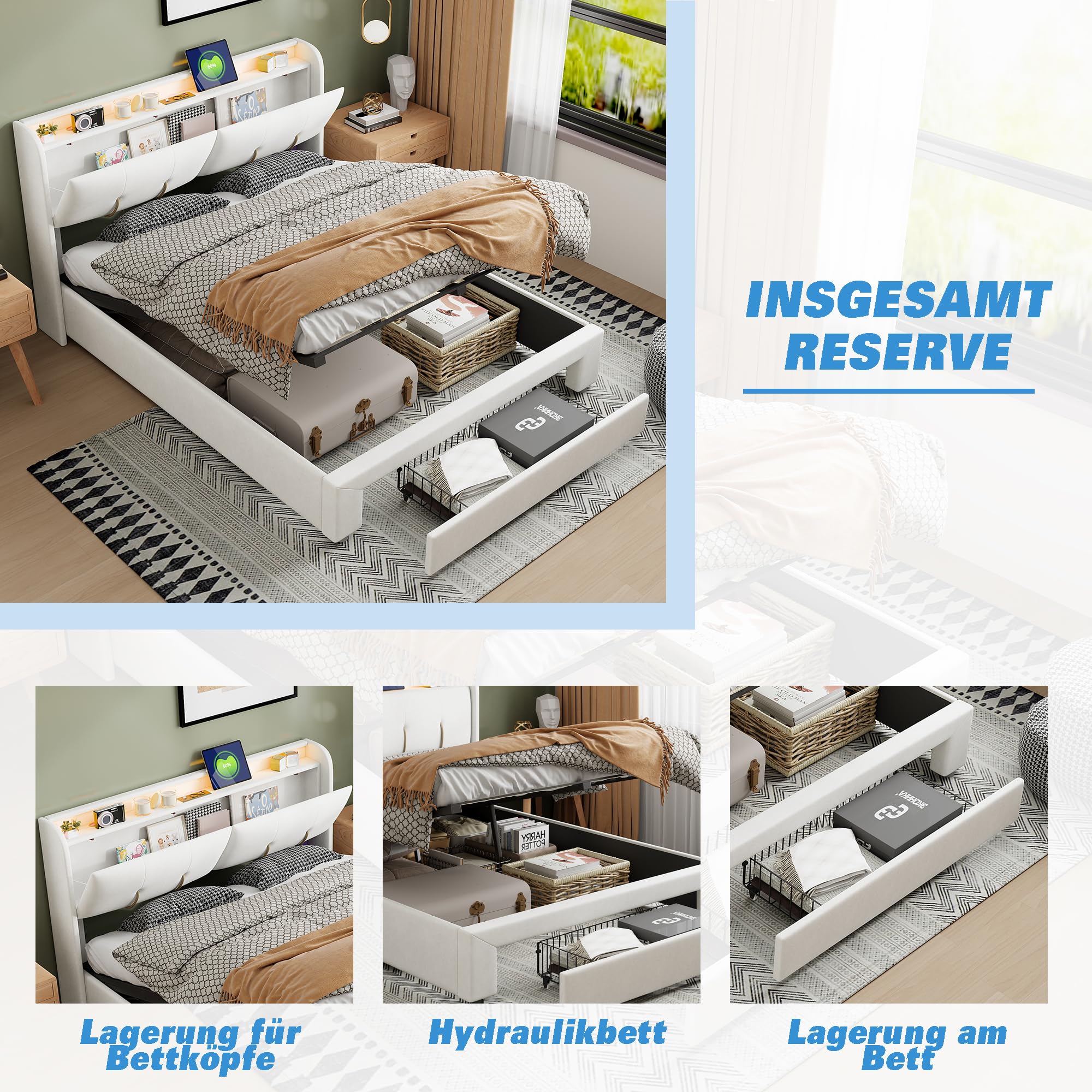 Polsterbett 140x200 cm,Led Bett mit Stauraum Schublade,Doppelbett, LED Kopfteil mit USB Ladefunktion, Rückenlehne Bed mit Stauraum und Lattenrost, Stauraumbett, Samt, Ohne Matratze