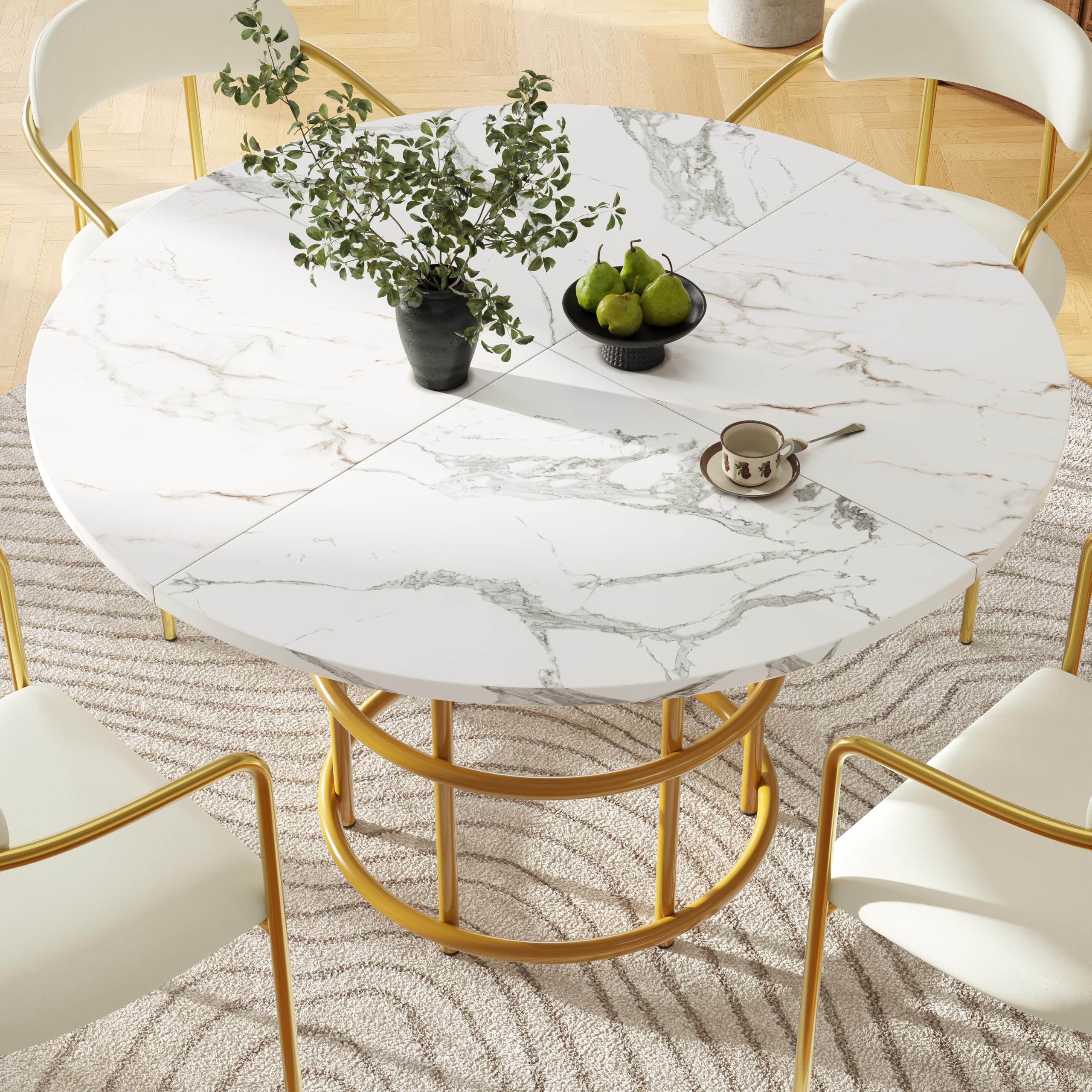Okrągły stół do jadalni 100 x 100 x 76 cm marmurowy blat regulowane nogi metalowa podstawa siedziska 4-6 osób eleganckie złote wykończenie idealne do kuchni i jadalni - model 1102