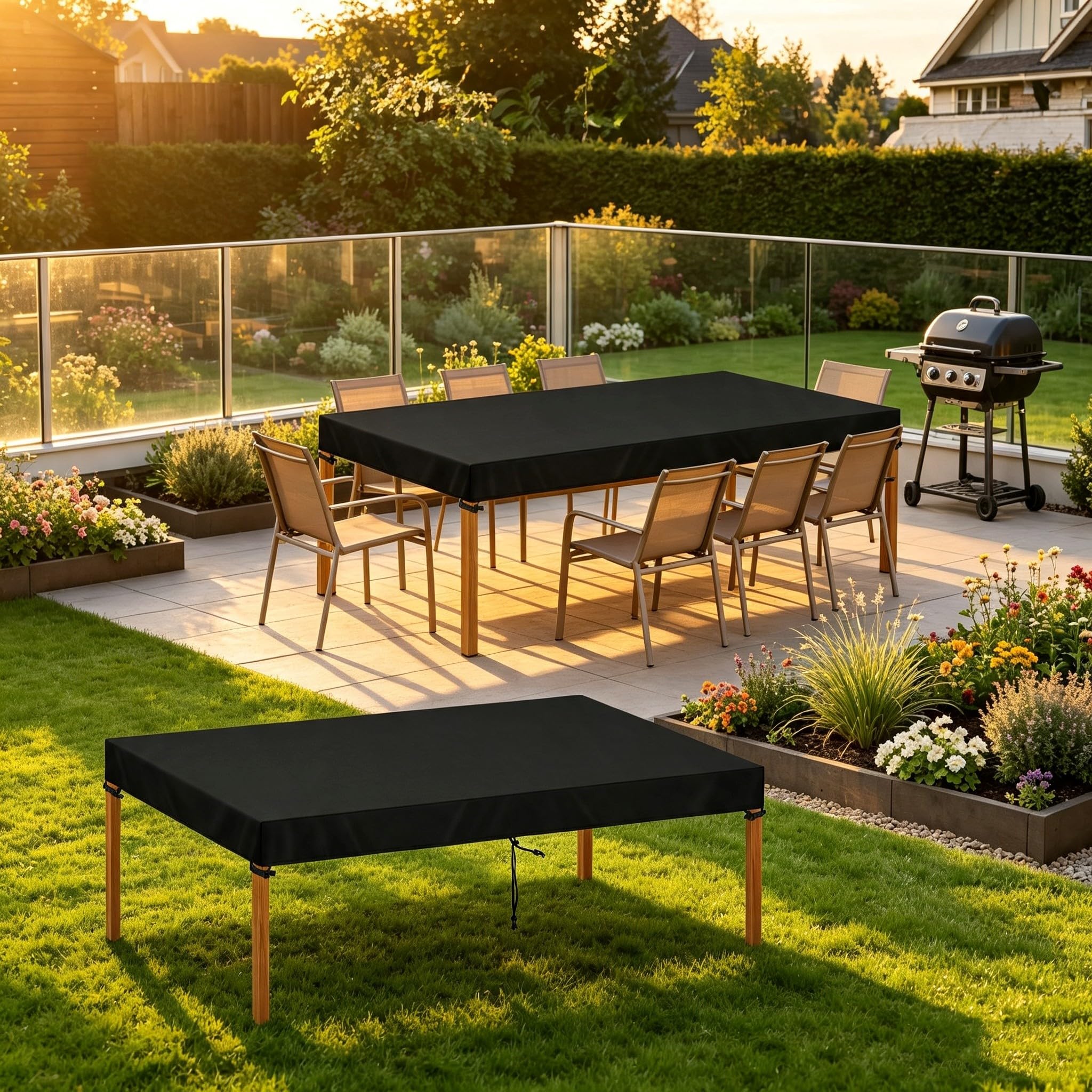 Prostokątny pokrowiec na stół ogrodowy - 250 x 140 x 60 cm/szer. x wys. czarny - wodoodporna tkanina Oxford 420D odporna na promieniowanie UV pyłoszczelna, osłona zewnętrzna odpowiednia do ogrodu i