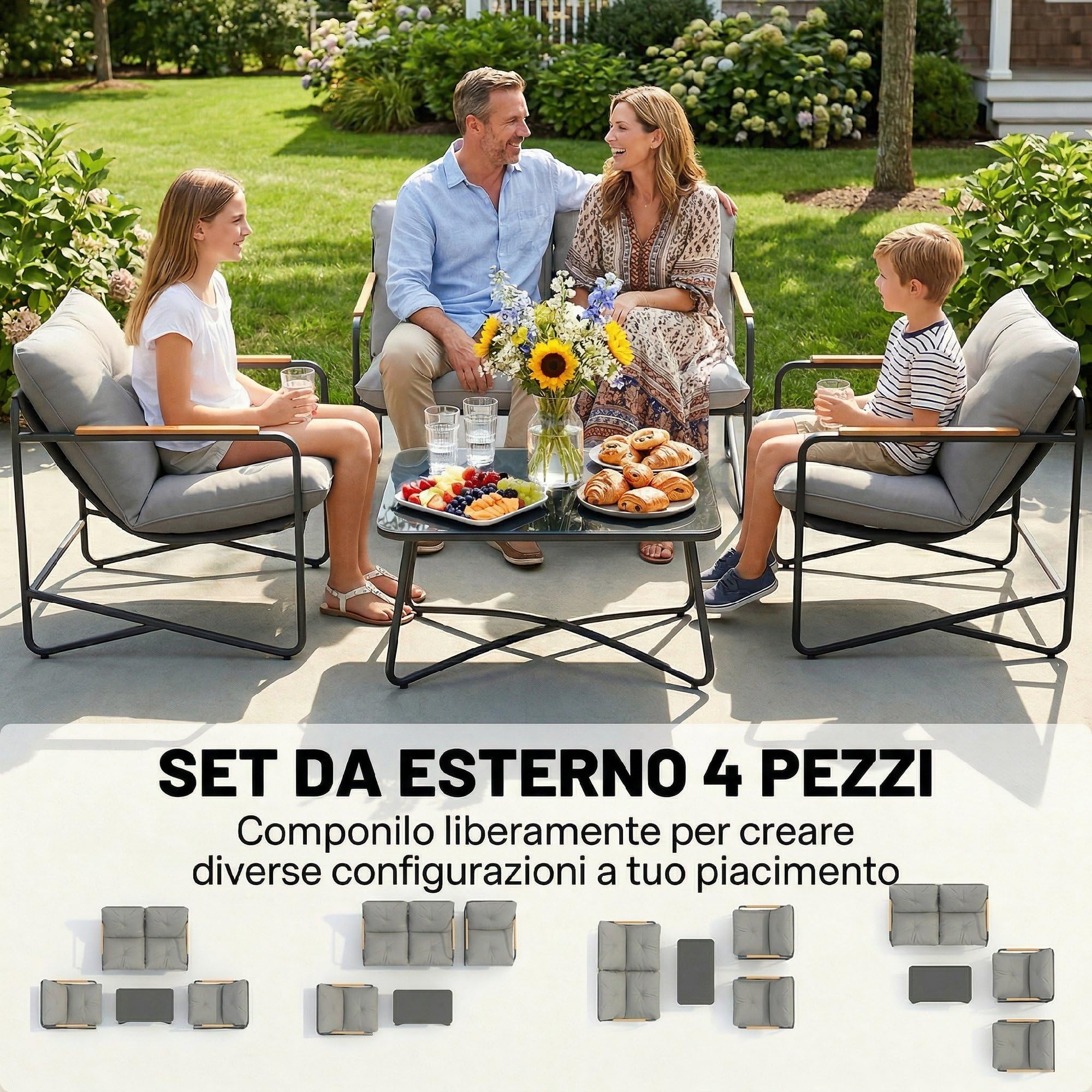 Outsunny Set Salotto da Giardino 4 Pezzi, Mobili da Esterno in Metallo con Divano 2 Posti, Poltrone e Tavolino in Vetro, Grigio Chiaro