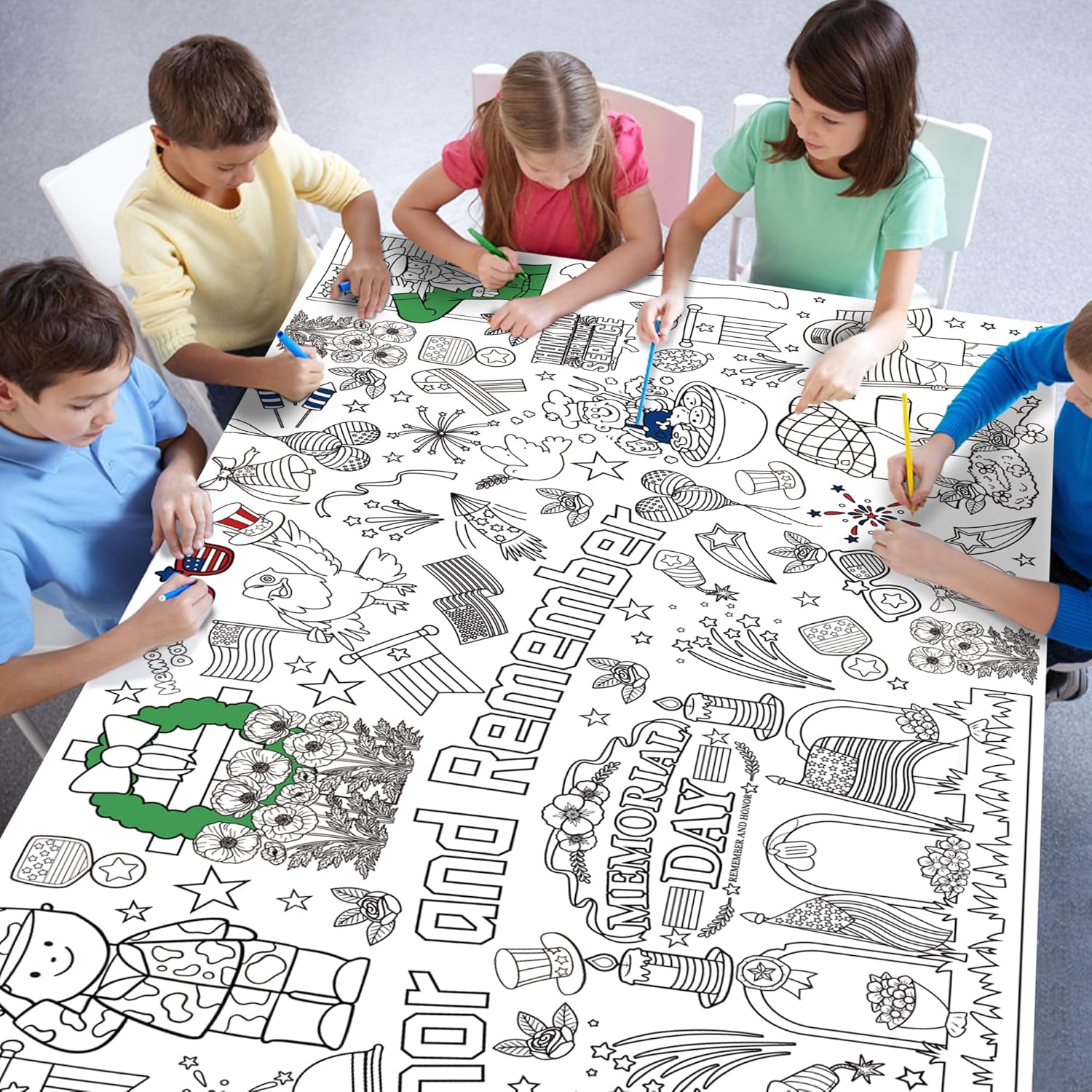 OHOME Memorial Day Giant Coloring Poster/Tablecloth - Memorial Day Decorations - 30 x 72 Inches Jumbo Coloring Banner Crafts Gifts Activities Accessories Decor Party Decorations
