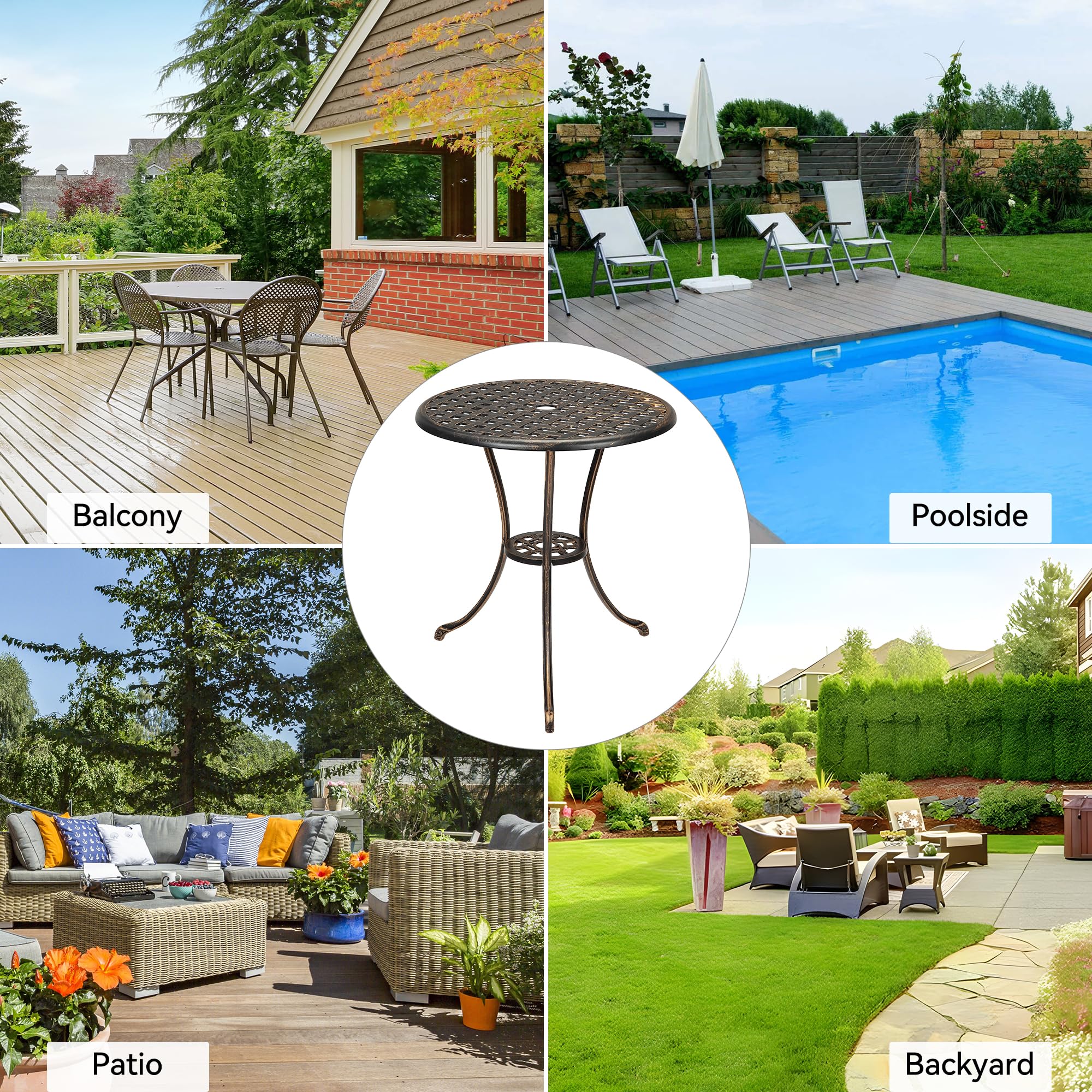 Zstar Table de Jardin Ronde en Fonte d'Aluminium avec Trou de Parasol 5 cm Table de Bistro Extérieure Vintage Ø61 cm pour Balcon Terrasse Patio Jardin Bronze