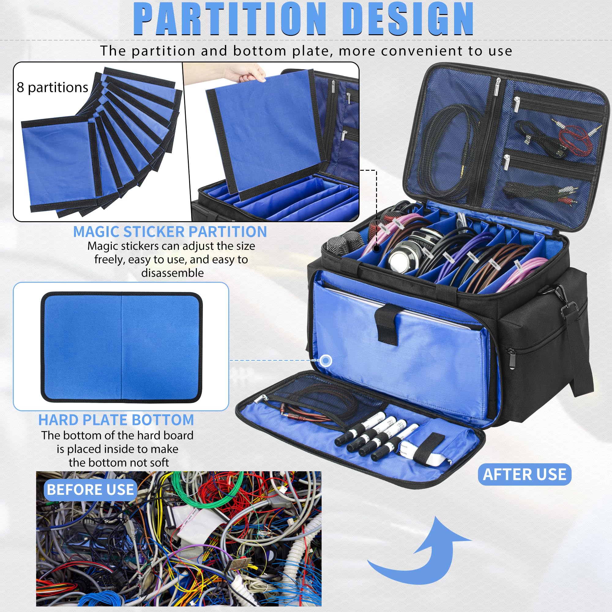 AKOZLIN Borsa per file da DJ con divisori staccabili e tasche inferiori per cavi per musicisti, borsa da viaggio per laptop da 15", attrezzatura professionale per DJ, strumenti audio e accessori per