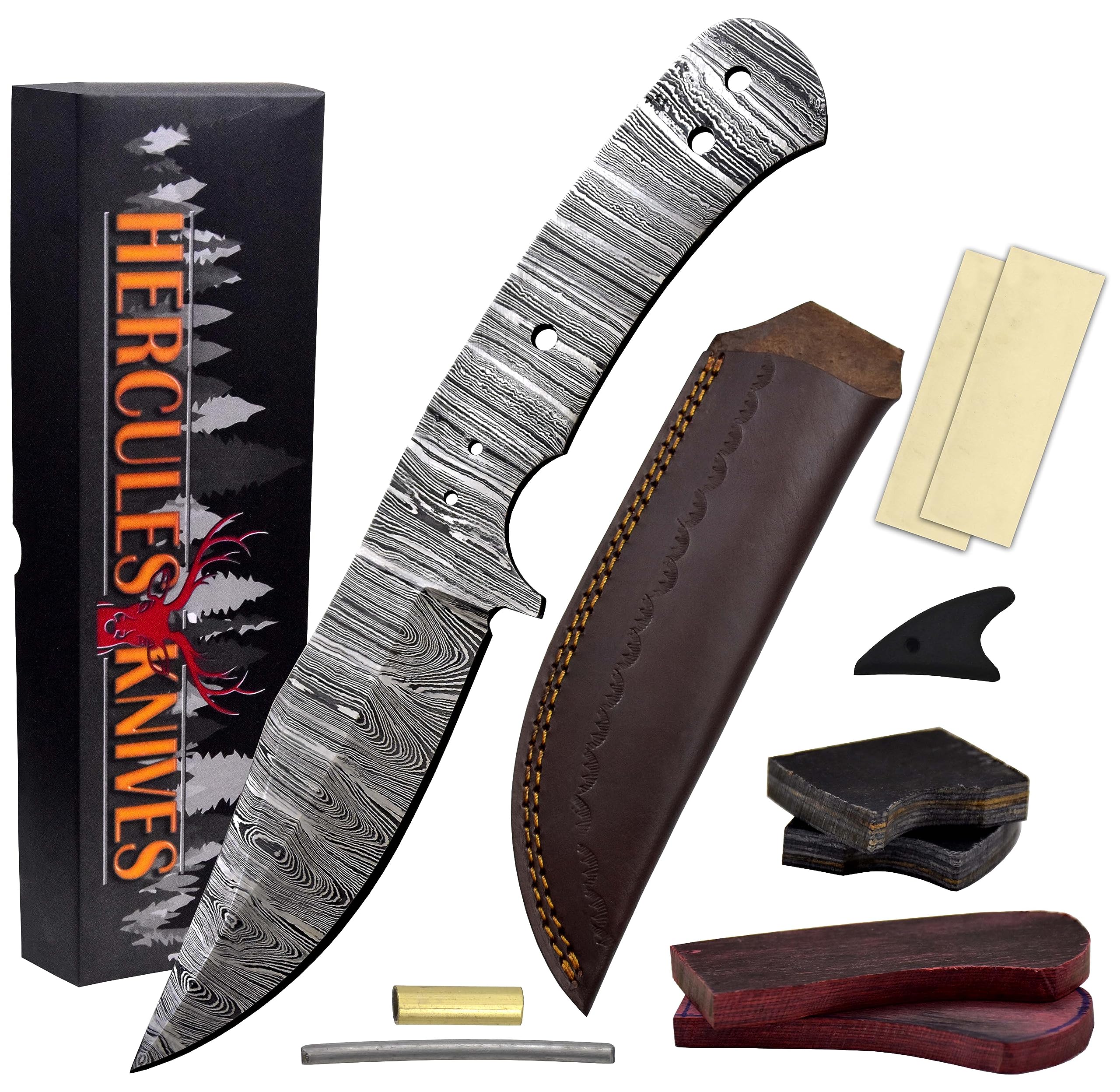 Custom Hand Forged Damascus Steel Blank Blade Knife Making Kit DIY Hunting Knife Leather sheath, Pin, Scale, Camping Blade Damascus Blade Billet Knife Making Supply (BK-B)