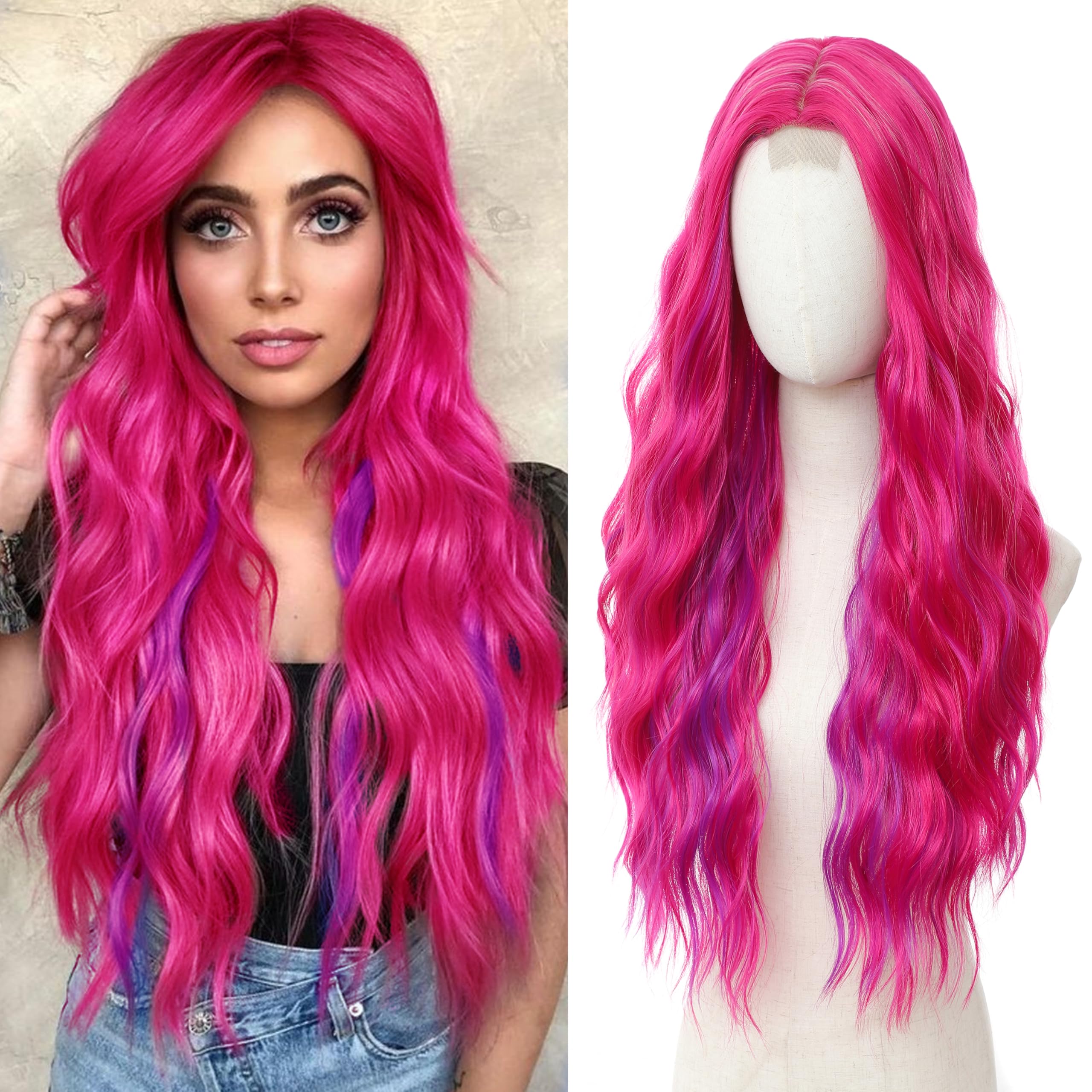 BUPPLER Cosplay Long Hot Pink mix Purple Wig 28 Inch Middle Part Synthetic Wig Realistic Gifts Party Wigs for Women Daily Use Colorful Wigs (Hot Pink mix Purple)