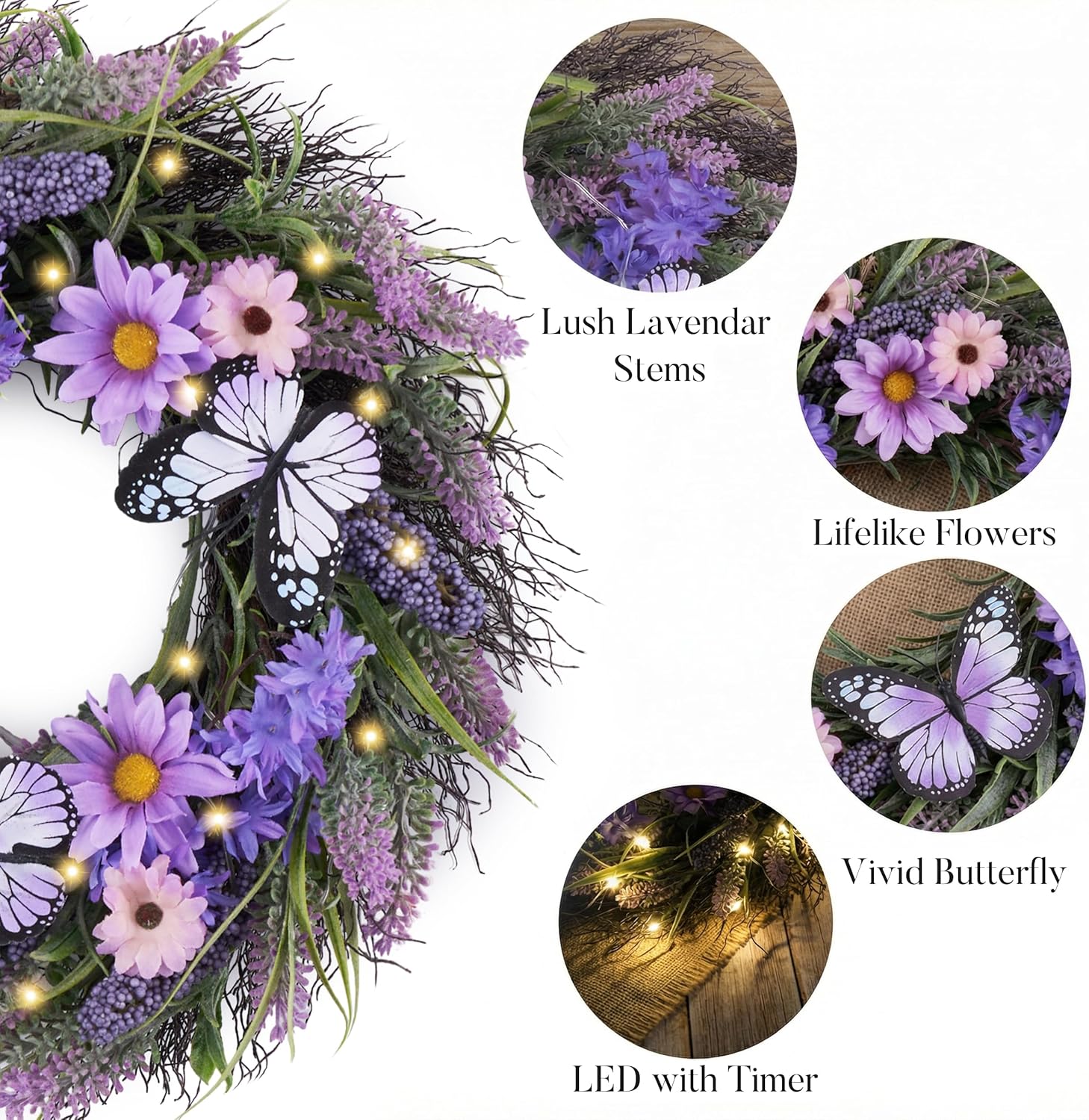 Valery Madelyn Spring Lavender Wreaths for Front Door, Artificial Floral Summer Wreath with Lights Purple Bellflower Berries Butterfly for Home Outside Wedding Porch Window Arch Decor-18''