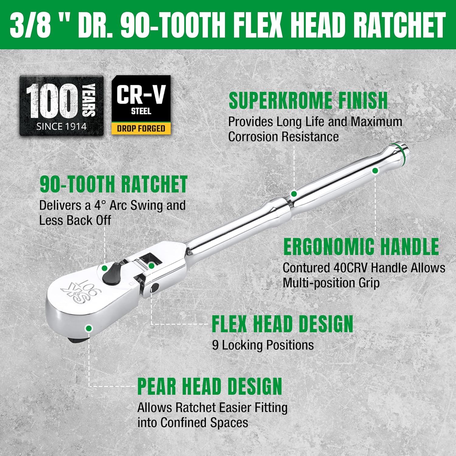 SK 3/8" Drive Flex Head Ratchet Handle, 90-Tooth Ratchet,Premium CR-V Construction, Reversible Design, with Contoured Handle