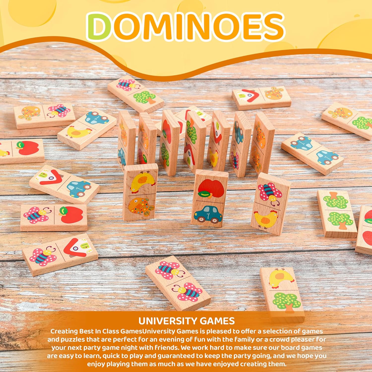 28 Pcs Wooden Domino Puzzle Game - Multicolor Fruit & Animal Design, Educational Family Logic and Thinking Skill Development Toy, Children's Dominoes with Pictures, Gifts for Preschool and Age 3+