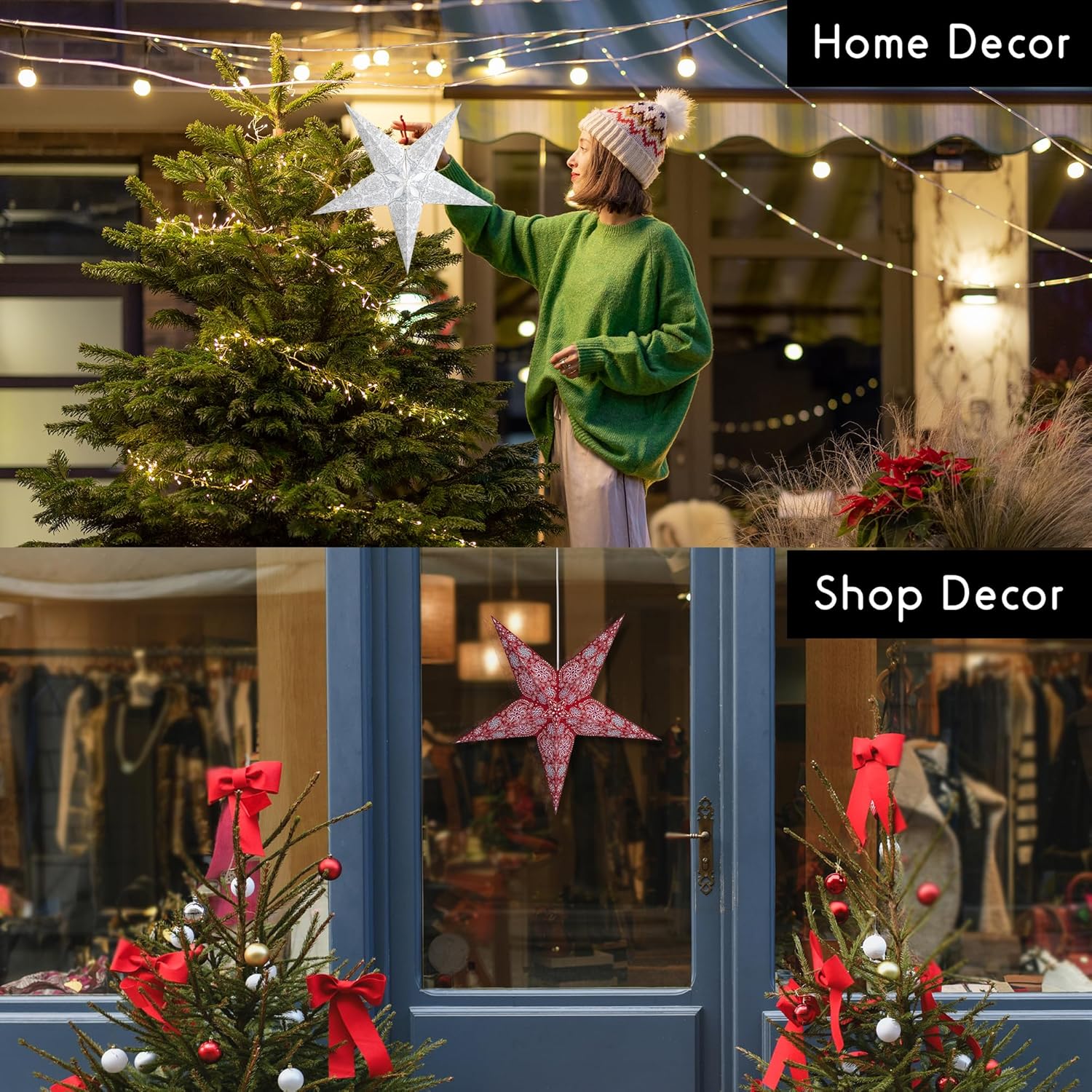 GalaxyArts Paper Star Lanterns Pack of 2 Maharani White & Chakra Red, Christmas Light Up Hollow Out Indoor-Outdoor Hanging Decoration for Thanksgiving, Special Occasions, or Simple Home Decor