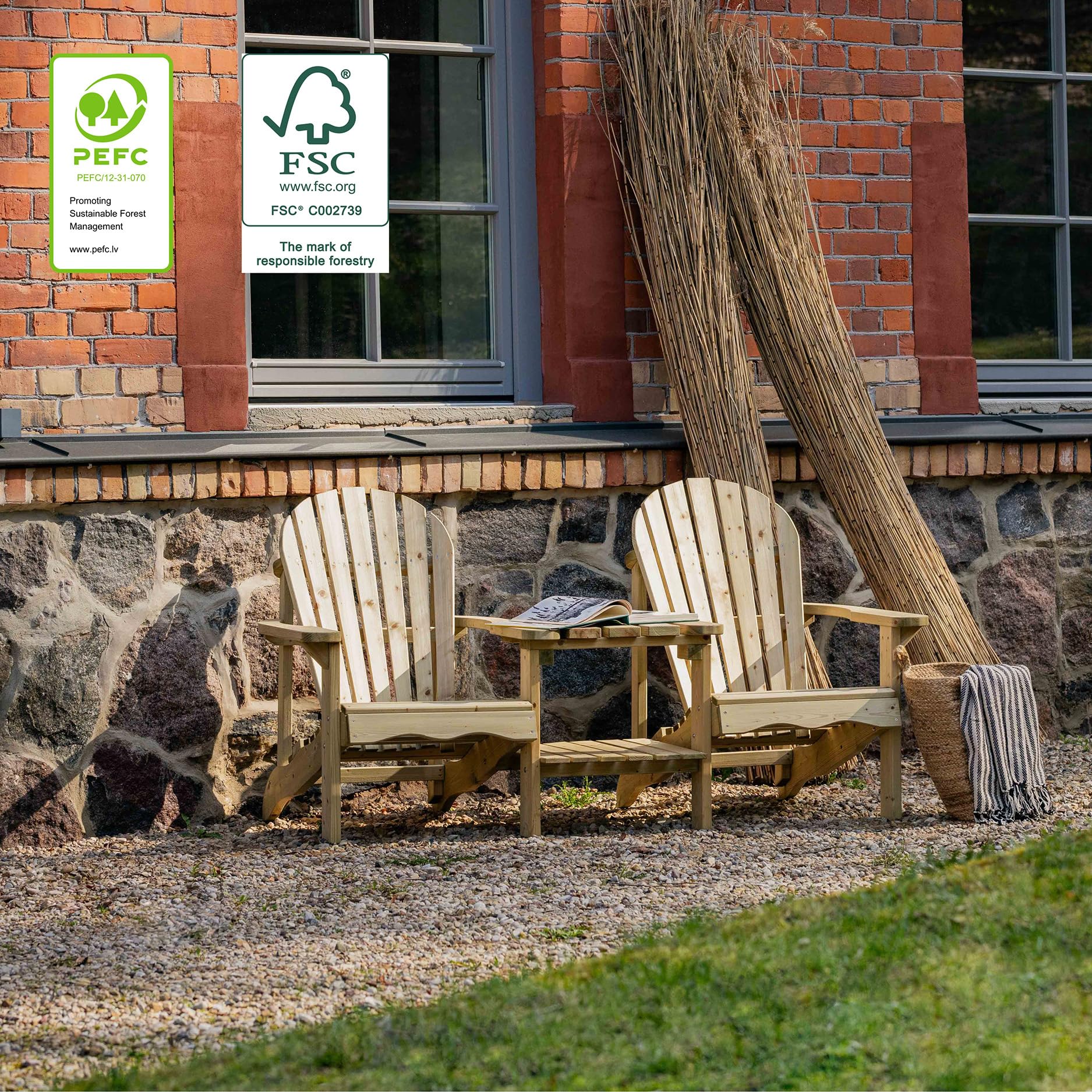 Amata UNGURS Collection Chaise Double Adirondack avec Table pour extérieur, Confortable pour Deux – Chaise en Bois résistante aux intempéries pour terrasse, arrière-Cour et Jardin – Ergonomique et