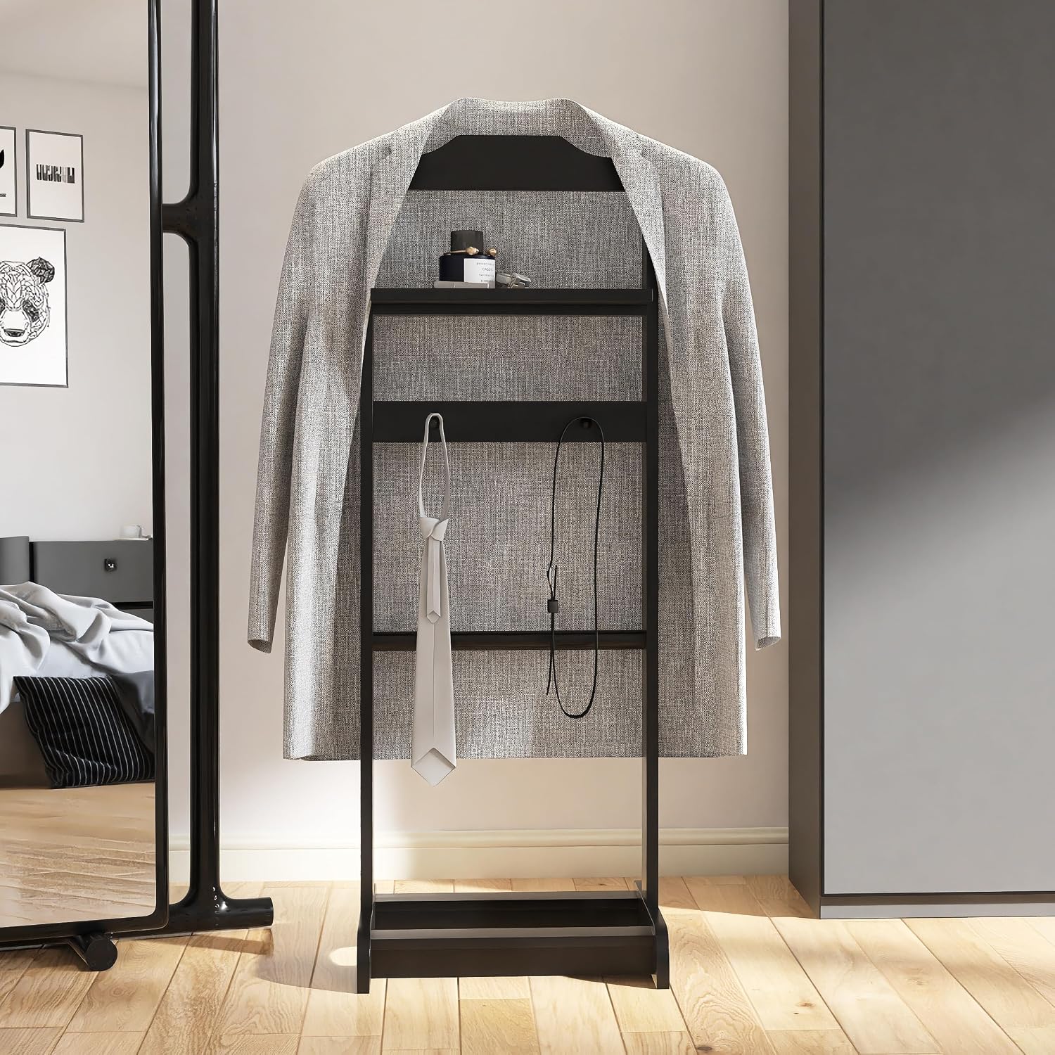 Mens Valet Stand, Wooden Clothes Valet Stand with Tray, Freestanding Suit Rack for Bedroom, Entryway, Living room, Office