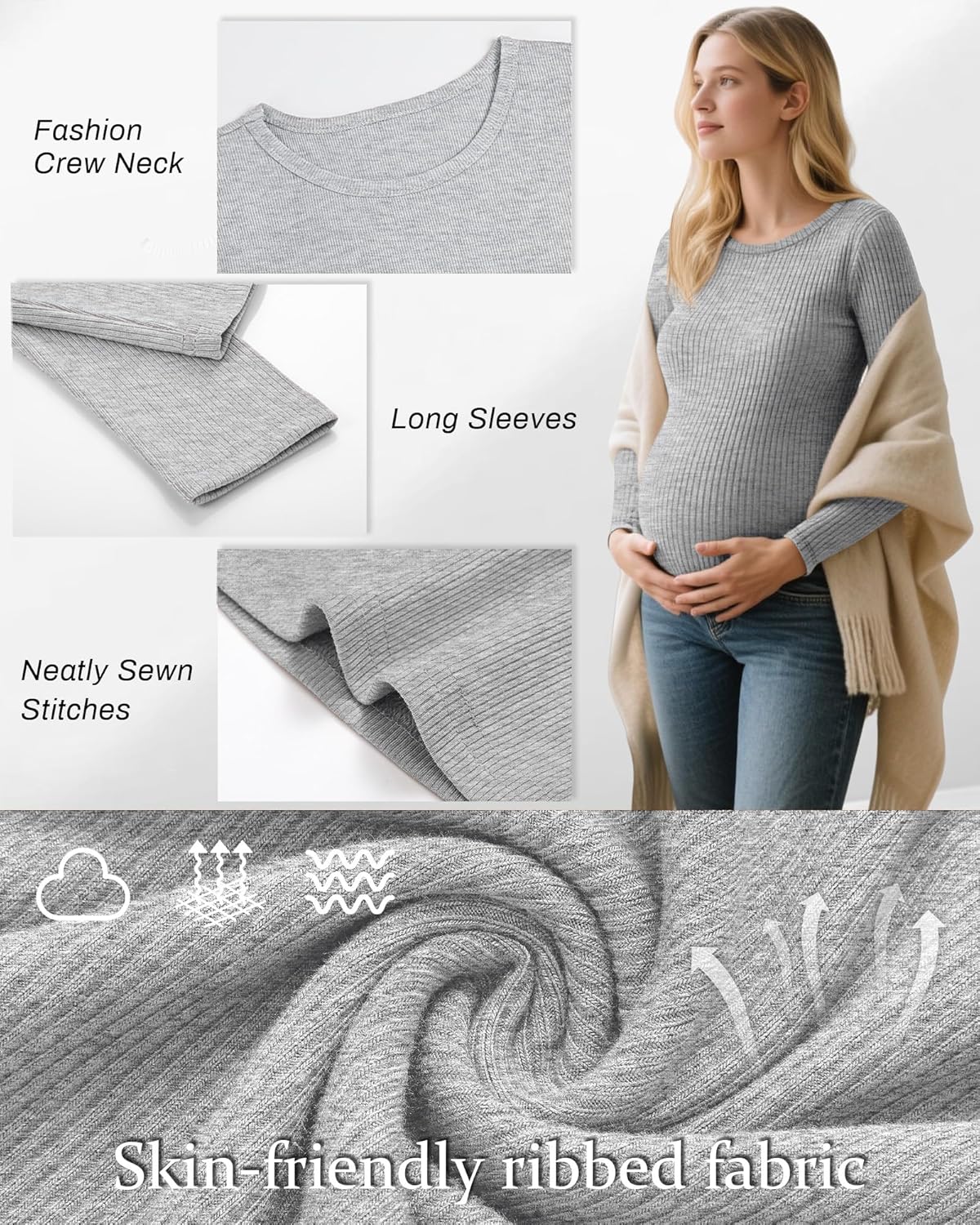 Riyiper 3 Pack Women's Maternity Shirts Long Sleeve Ribbed Knit Pregnancy Tees Crewneck Tunic Clothes Casual Fall Tops(Light Gray, Dark Gray, Black,X-Large) - Image 3