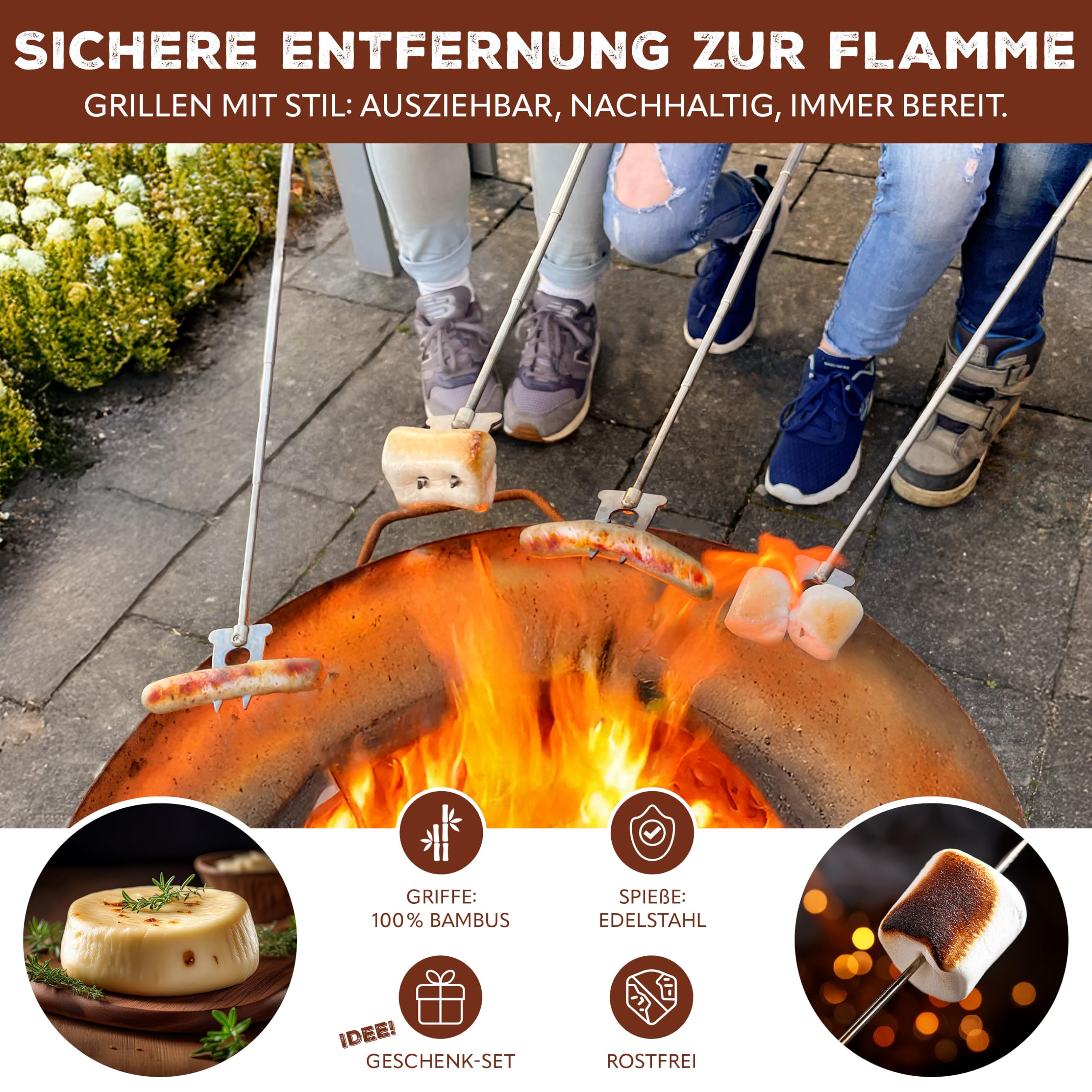 bremermann Teleskop-Grillgabel 2er Set // inkl. Tasche // Edelstahl & Bambus // ausziehbar für Marshmallow und Würstchen (4)