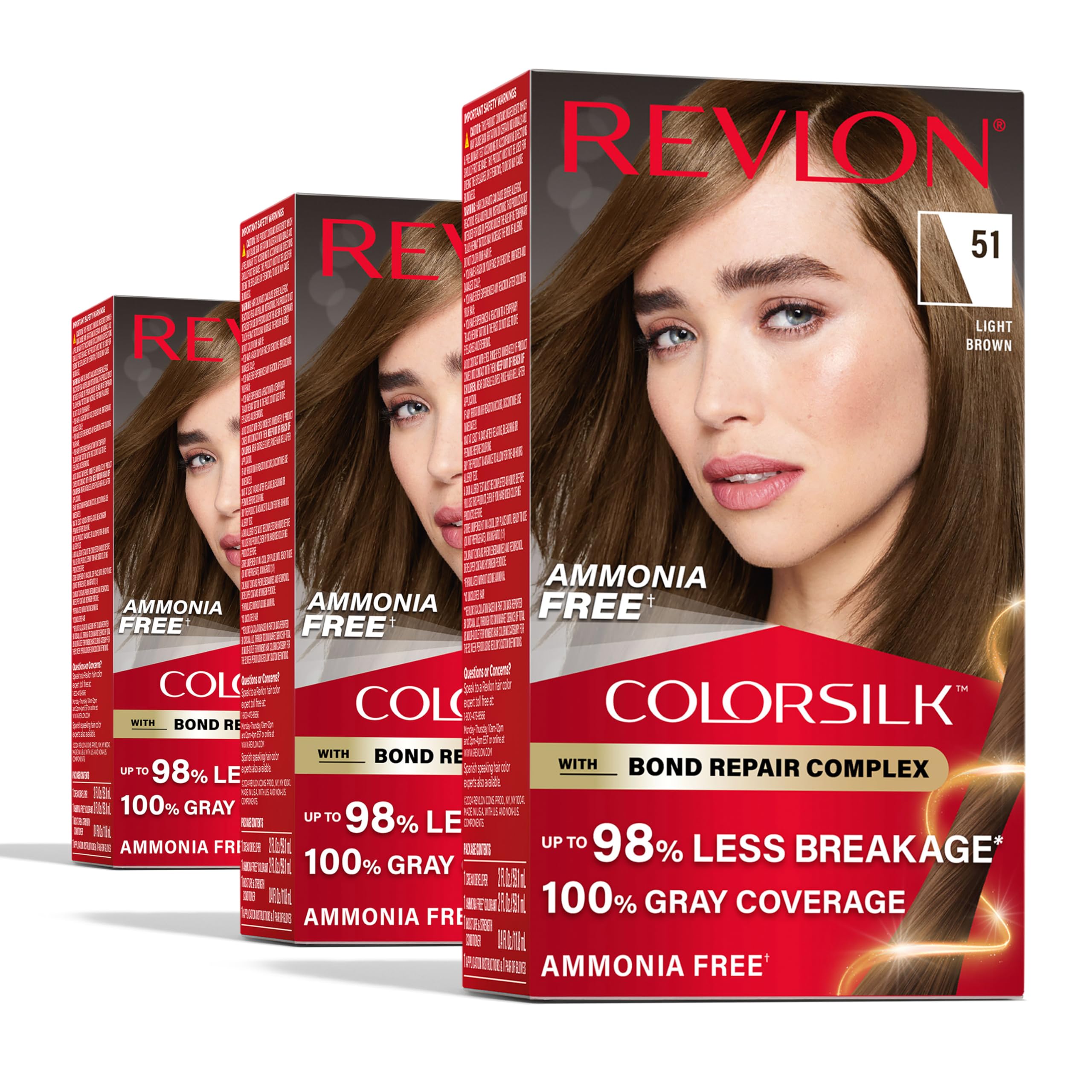 ColorSilk with Bond Repair Complex, Brown Permanent Hair Color, 100% Gray Coverage, Ammonia Free Hair Dye, Vegan Keratin, 51 Light Brown (Pack of 3)