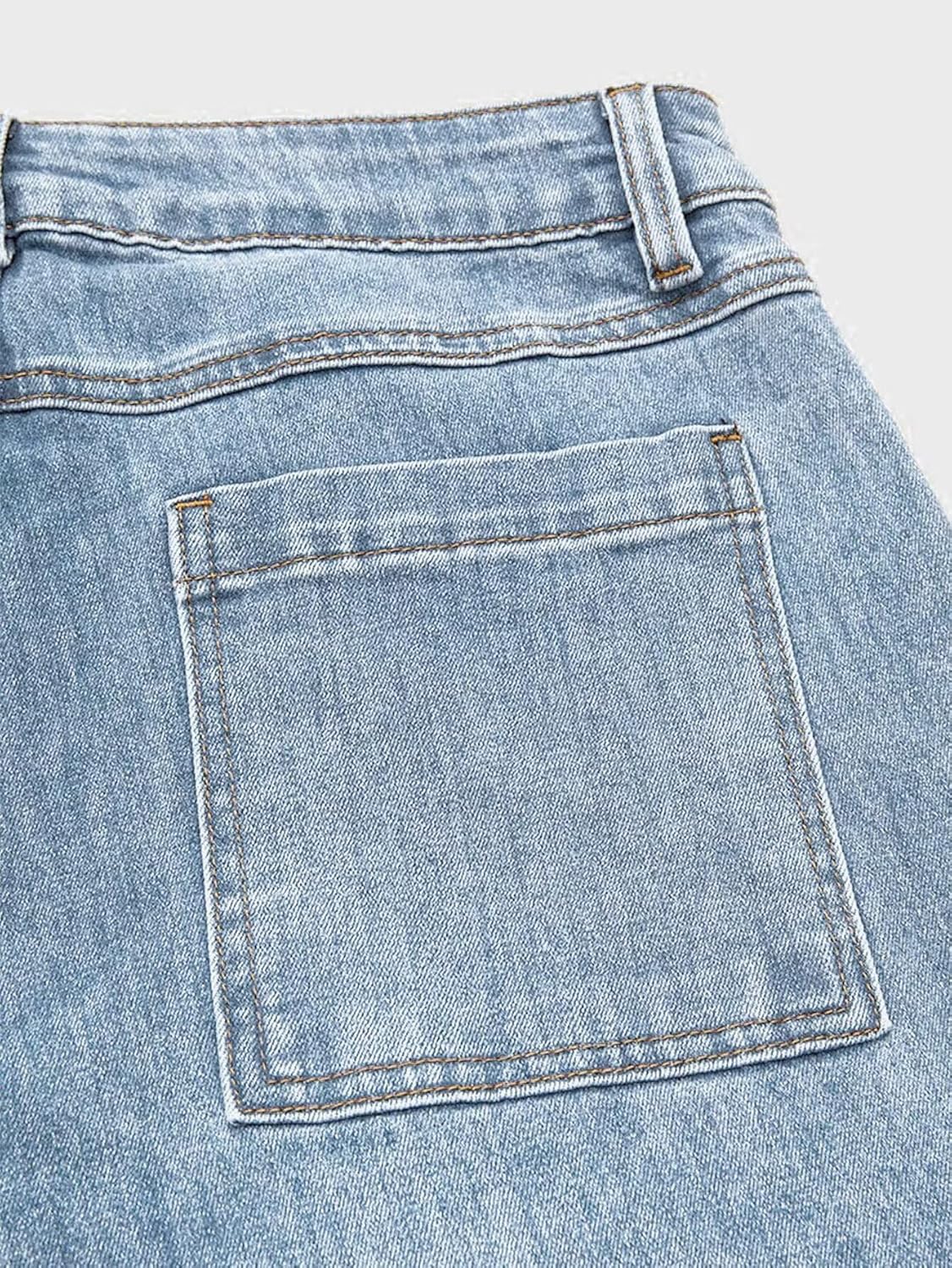 Flamingals Straight Leg Jeans for Women Trendy Mid Rise Stretchy Patch Pocket Baggy Jeans Casual Without Belt