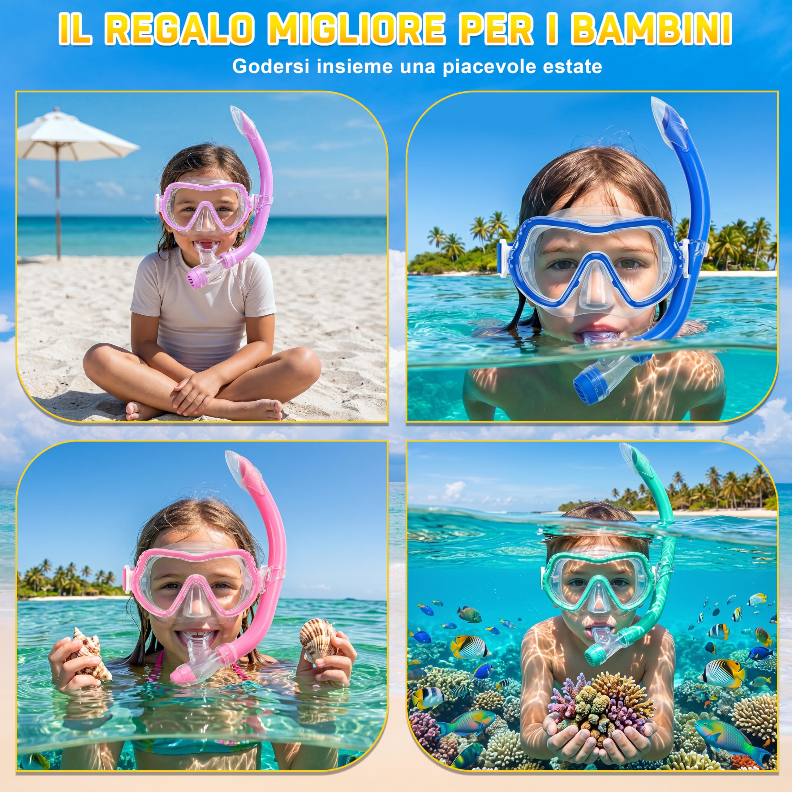 IEEILULU Maschera Subacquea Bambini Occhialini Boccaglio Tappi Impermeabili Retina Antiappannamento Visione Panoramica 180° HD 4 Colori