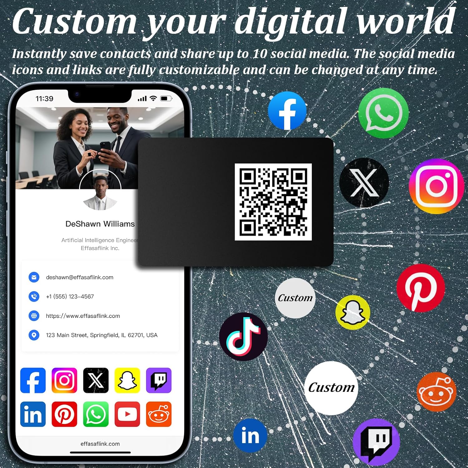 Customized Online Profile, Black Business Card, Digital Business Card, Tap NFC or Scan QR Code to Share Social Information, for iPhone & Android - 3pcs