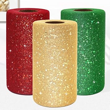 3PCS Glitter Tulle Rolls 6 Inch by 50 Yards Glitter Sequin Tulle Fabric Gold, Red, Emerald Green