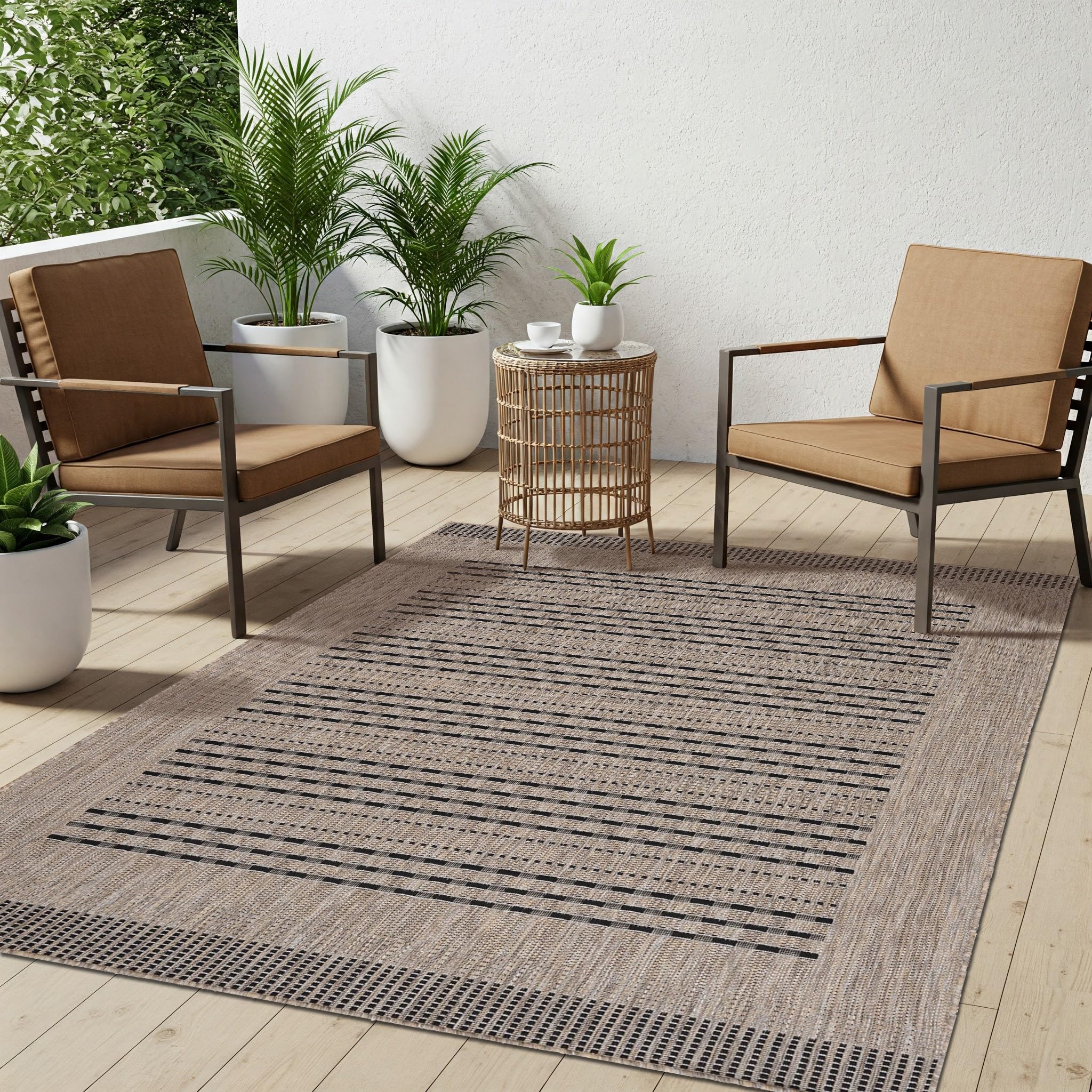 TAPISO Melissa Tapis Extérieur Intérieur Terrasse Balcon Salon Cuisine Moderne Marron Noir Moucheté Rayé Aspect Sisal Résistant aux Intempéries Oeko-TEX 160 x 230 cm