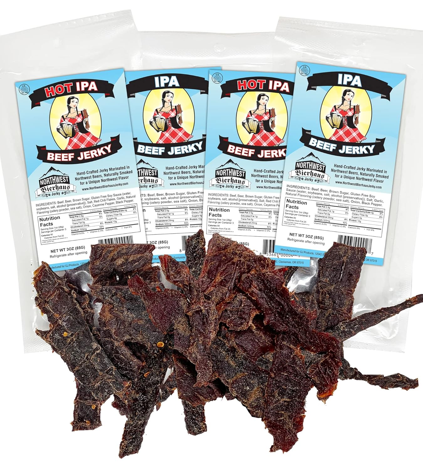 Northwest Bierhaus Jerky - Variety Pack Gift Set - Beef Jerky Marinated in Beer (IPA, Dark Ale, Hot IPA, Hot Dark Ale)