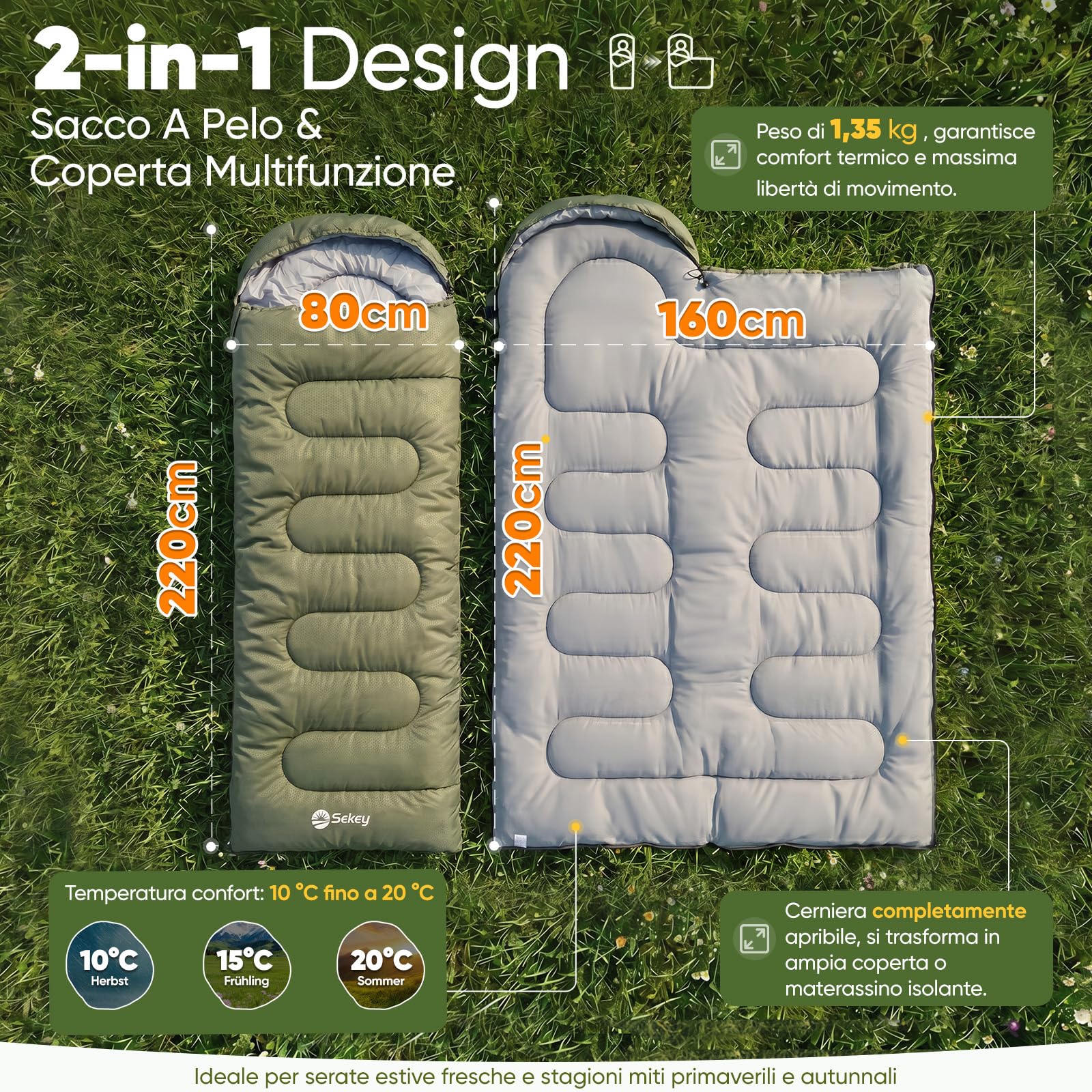 Sekey Sacco a Pelo Adulto, 3 Stagioni, 1,35 kg Sacco a Pelo Compatto e Ultraleggero, 2-in-1 Coperta, Cerniera Anti-impigliamento, 10-20°C, Ventilazione Piedi, Campeggio e Outdoor, 220x80 cm