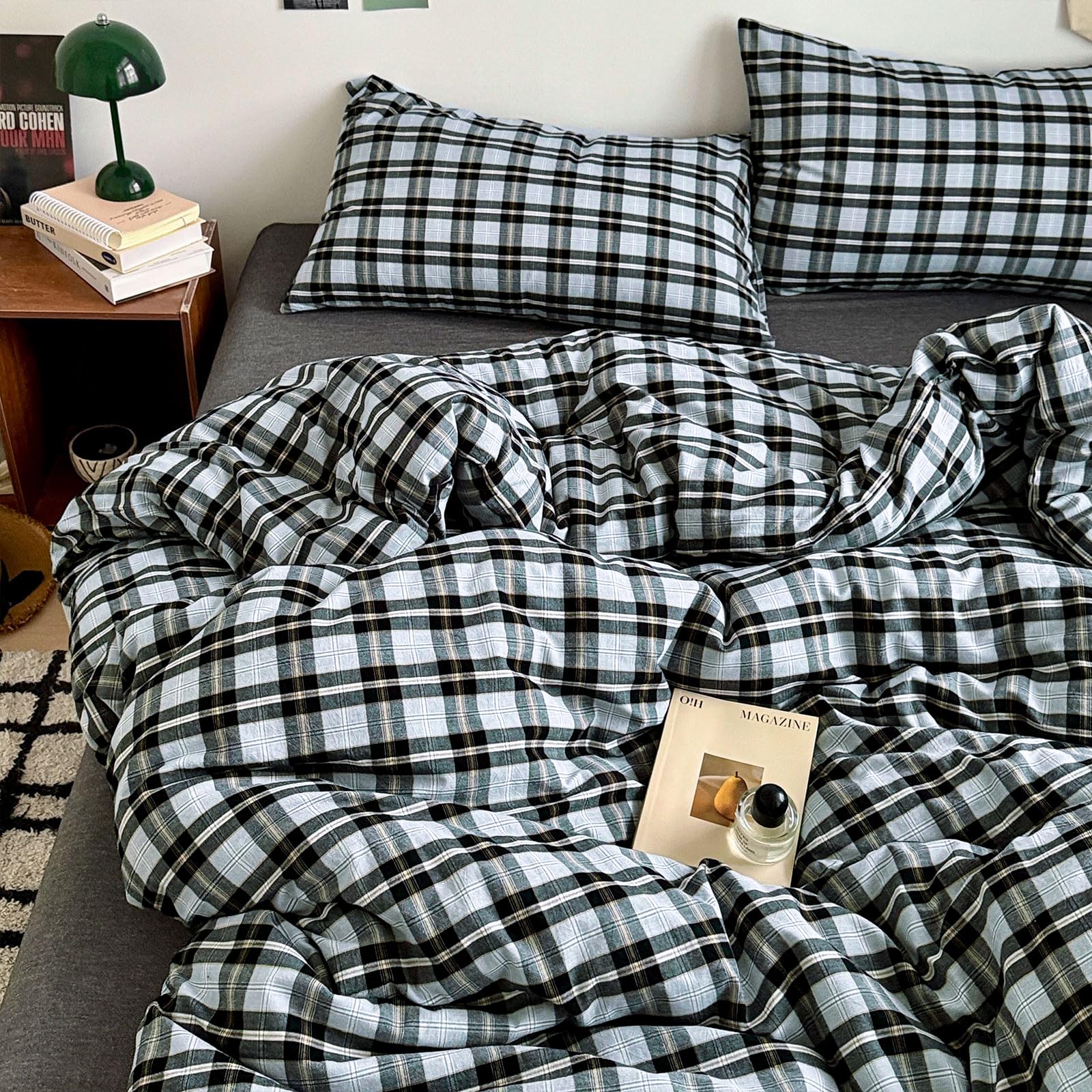 EAVD Vintage Grey &amp; Pale Blue Buffalo Plaid Duvet Cover Set Full 3-Piece